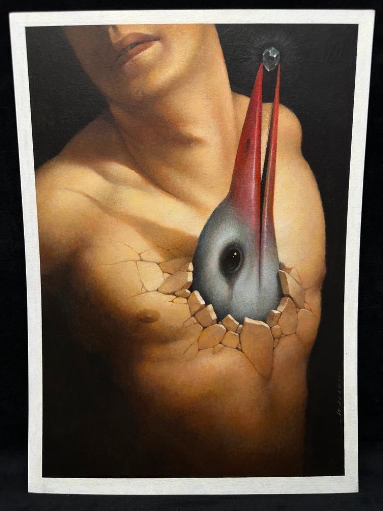 Bird Out of Chest Original Wieslaw Walkuski: Bird Out of Chest Original Wieslaw Walkuski Original gouache on paper by painter Wieslaw Walkuski. Shows a bird breaking out of the chest of a man with a jewel in its beak. Wieslaw Walkuski is a gra