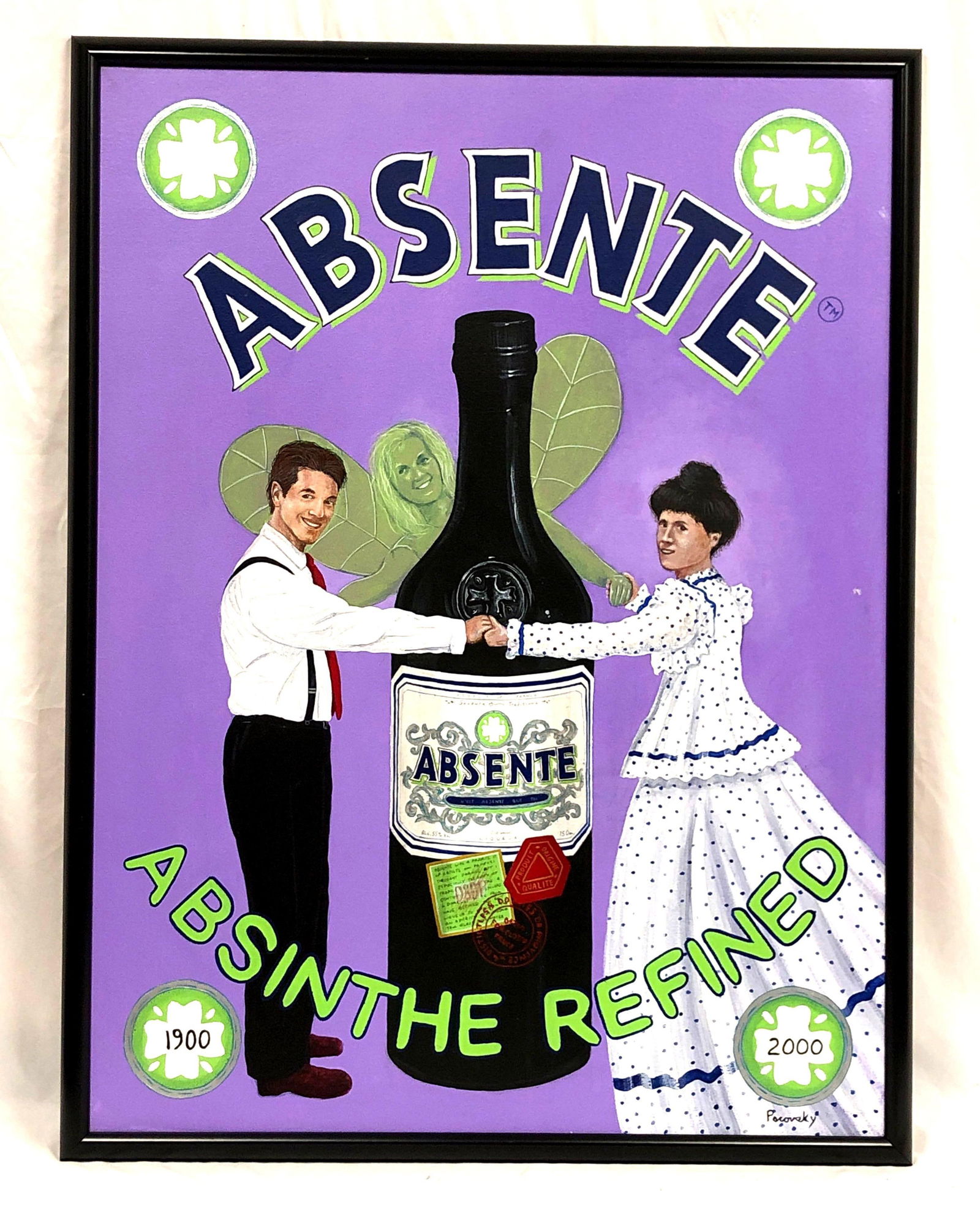 John Pacovsky & Absente / Absinthe - Commissioned, Signed, Framed - Acrylic on Canvas: Absente / Absinthe Marketing Ad - Painting Commissioned by Liquor Branding Executive. Signed and Framed Acrylic on Canvas by Artist John Pacovsky. The item measures approximately 38-1/2" x 50-1/2&