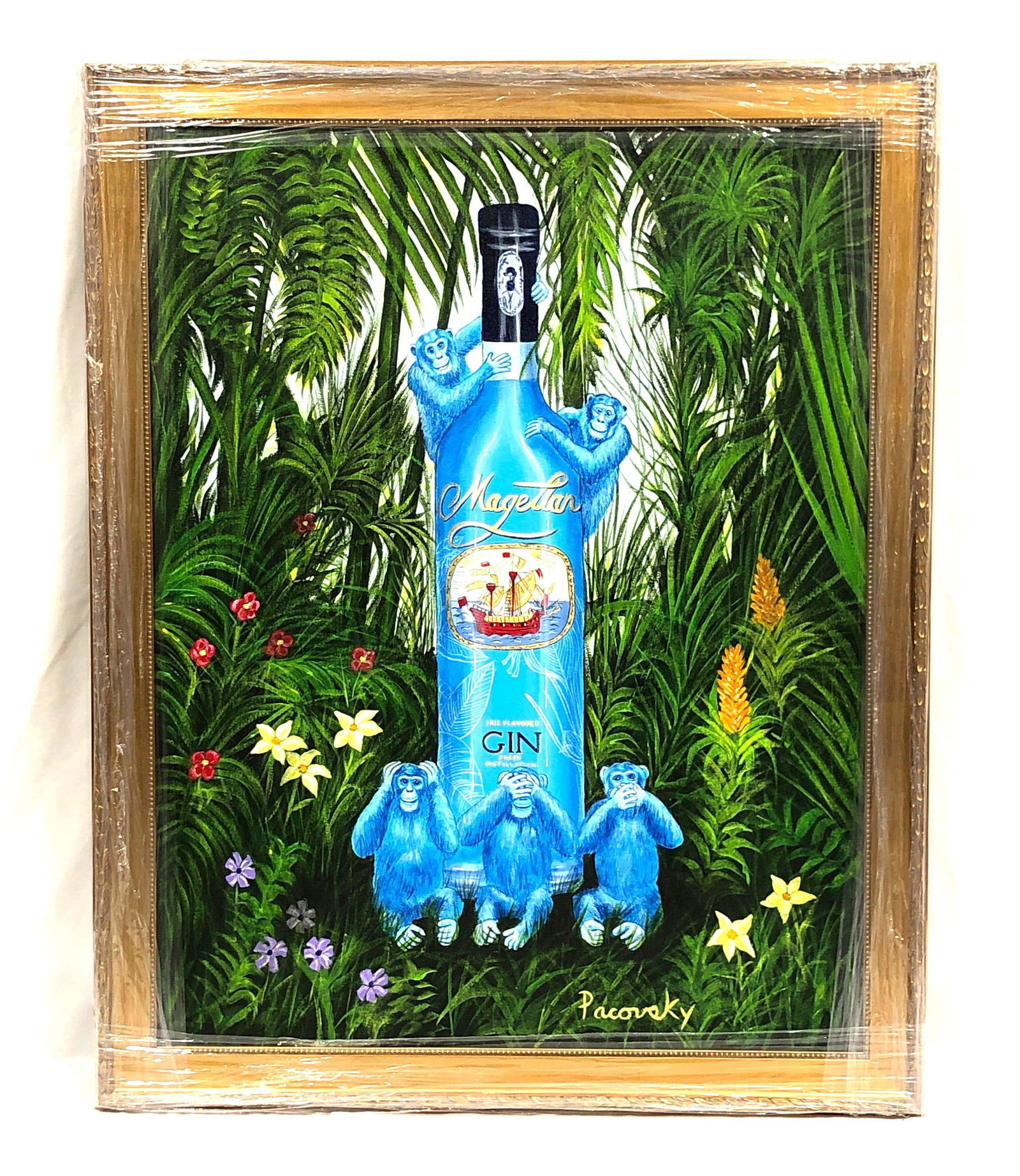 John Pacovsky & Magellan Gin - Commissioned, Signed, Framed - Acrylic on Canvas: Magellan Gin Marketing Ad - "Monkey" Painting Commissioned by Liquor Branding Executive. Signed and Framed Acrylic on Canvas by Artist John Pacovsky. The item measures approximately 32-1/2"
