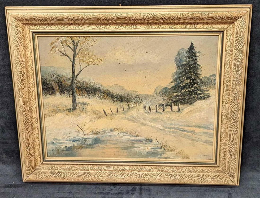 Vintage J Ménard Framed Oil On Canvas Snow Road (1 of 7)