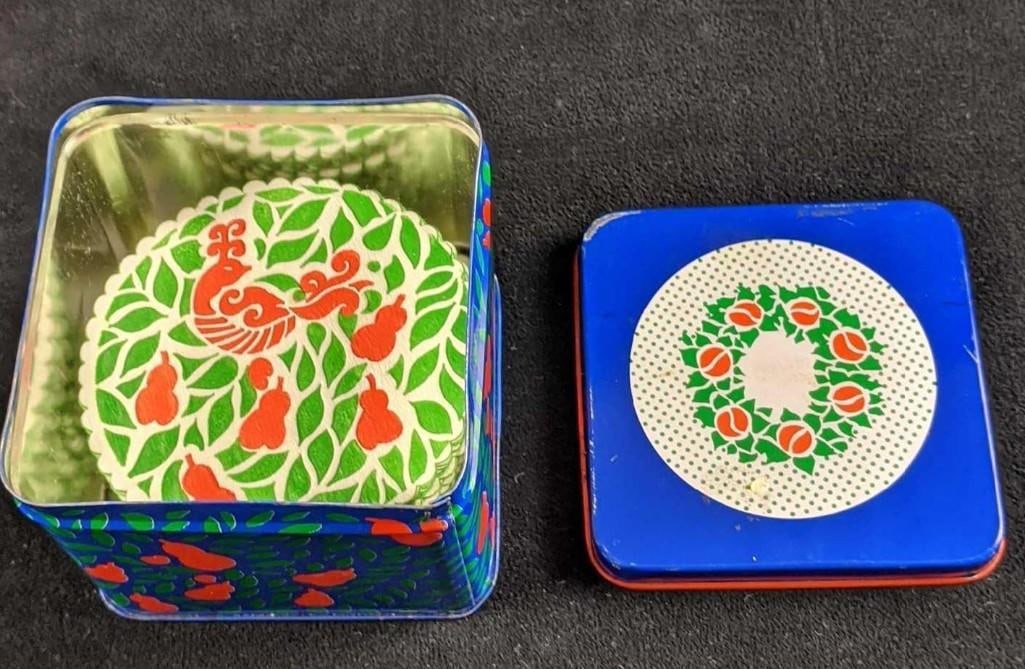 Vintage Paper Coasters Partridge In Pear Tree Tin: Vintage Paper Coasters Partridge In Pear Tree Tin. This festive holiday tin comes with forty paper coasters with a "Partridge In Pear Tree" design on each. Coasters are approx 3 1/2" across and tin is