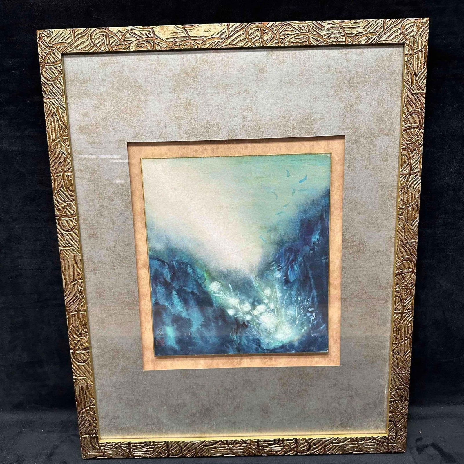 Meredith Neuffer Sea Creatures Mixed Media Abstract Painting Artwork: Original mixed media abstract painting by Meredith Neuffer, titled Sea Creatures. The composition features deep oceanic blues, soft whites, and flowing textures evoking underwater movement and marine