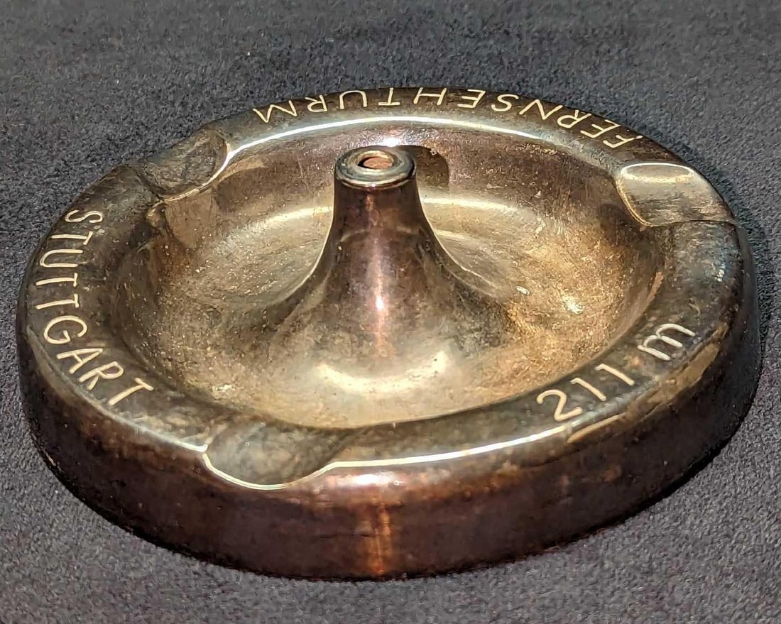 Vintage Fernsehturm Stuttgart Silverplate Ashtray: Vintage Fernsehturm Stuttgart Silverplate Ashtray. Souvenir ashtray from one of the largest cities in Germany. This ashtray is approx 4 1/2" x 4 1/2" x 1 3/4" and it weighs .0.20lb. The ashtray 