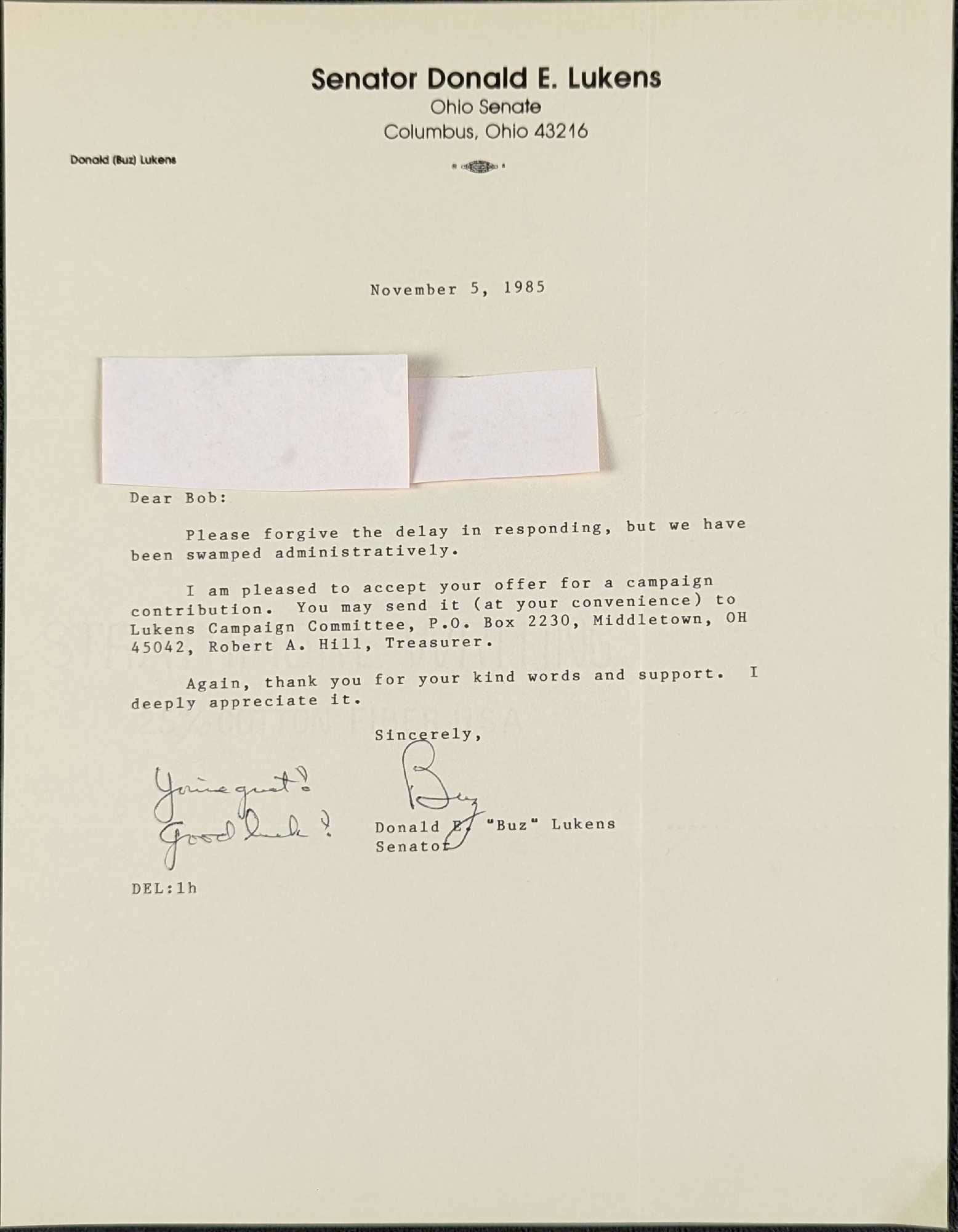 Signed Senator Donald "Buz" Lukens Letter (1 of 3)