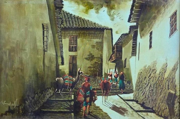 Peruvian Village Painting, Oil on Canvas Signed: Peruvian Village Painting, Oil on Canvas Signed Oil on canvas scene of a Peruvian village with llamas walking through a square. The painting is in a wooden frame, and in good condition with no known