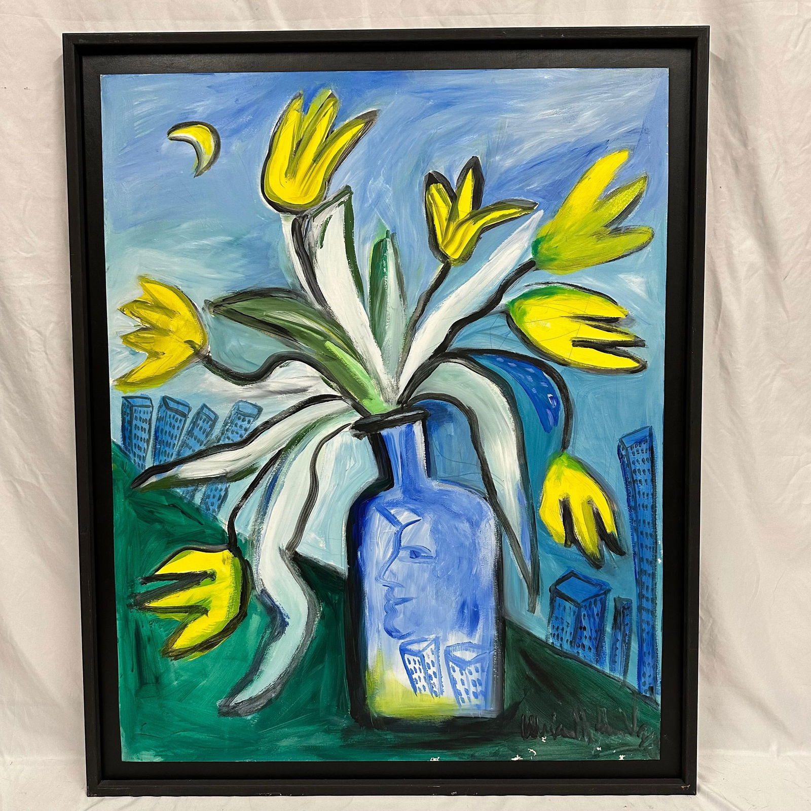 Original Open Framed Painting Floral Still Life with Blue Face Vase Ulrica Hydman-Vallien Signed: Original mixed media painting by Swedish artist Ulrica Hydman-Vallien. The composition features a stylized bouquet of yellow flowers emerging from a blue vase incorporating a human face motif, set aga