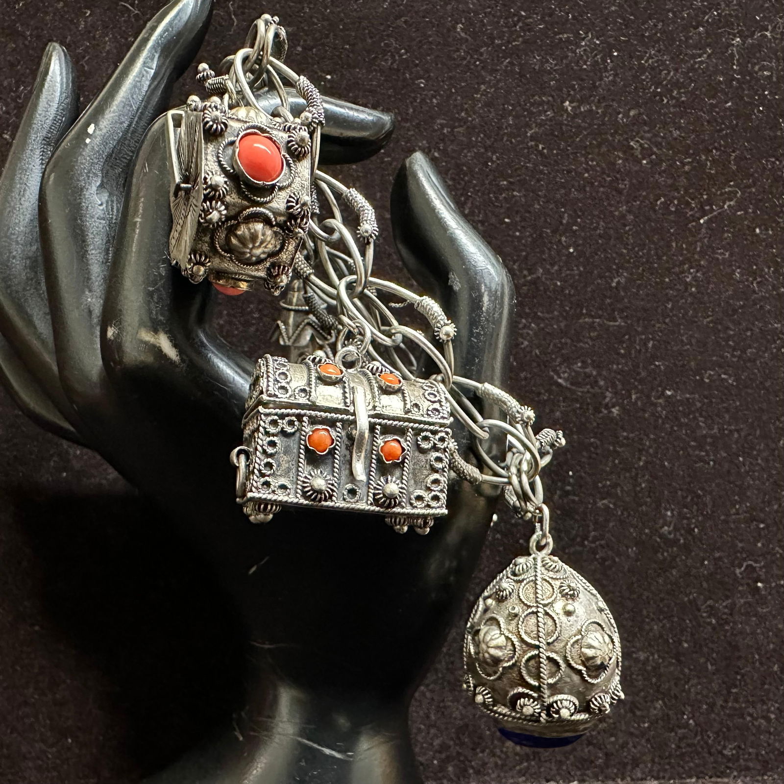 Sterling Silver Ornate Multi Fob Charm Filigree and Stone Set Bracelet R84 (1 of 7)