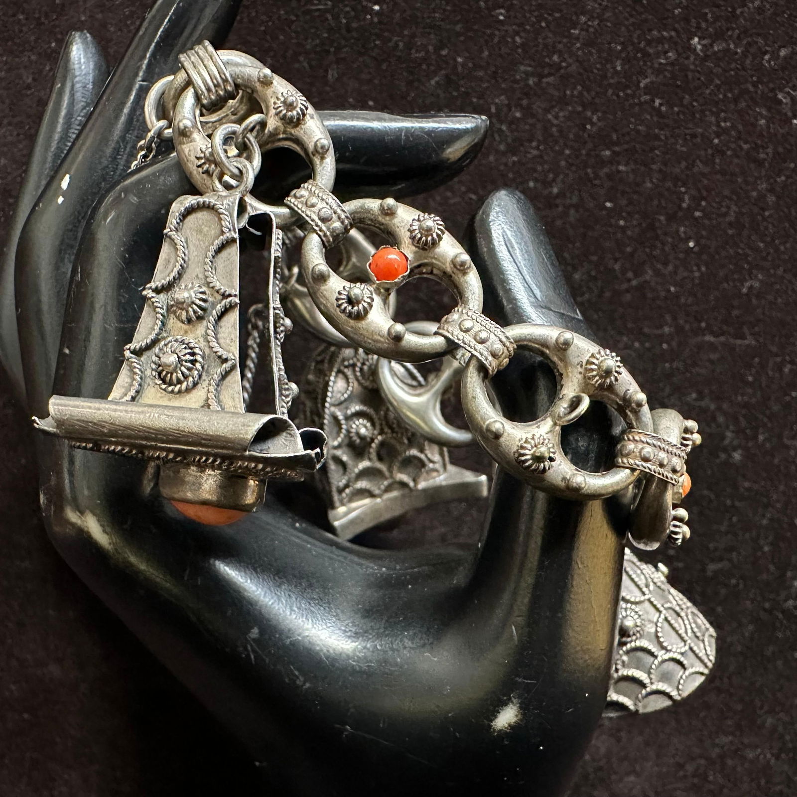 Carnelian Black Onyx Ornate Fob Charm Silver 800 Bracelet R72 (1 of 5)