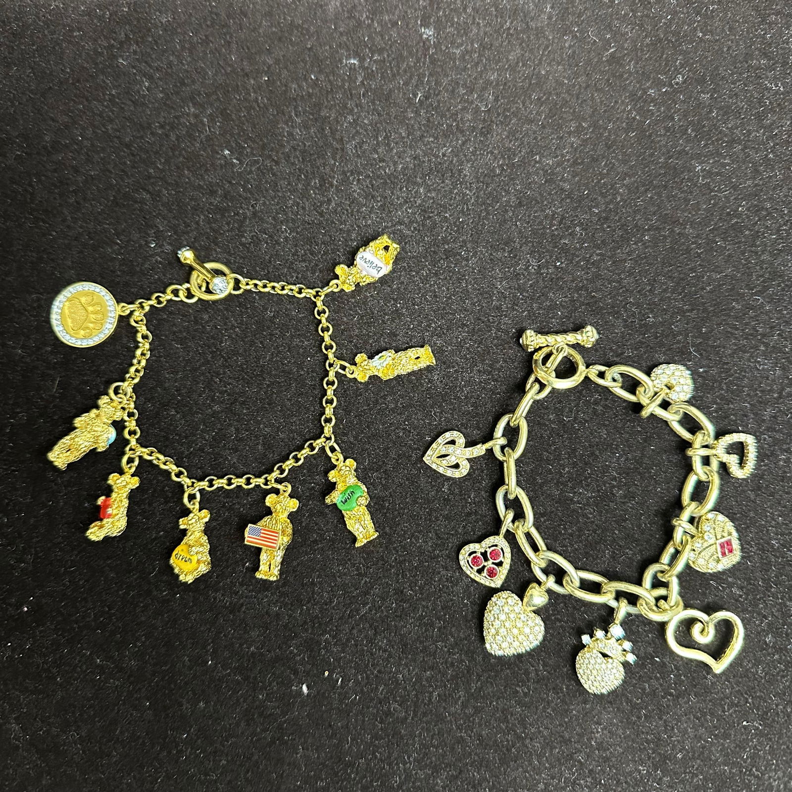 Two Charm Bracelets Gold-Tone Bear Charms and Rhinestone Heart Charms (1 of 4)