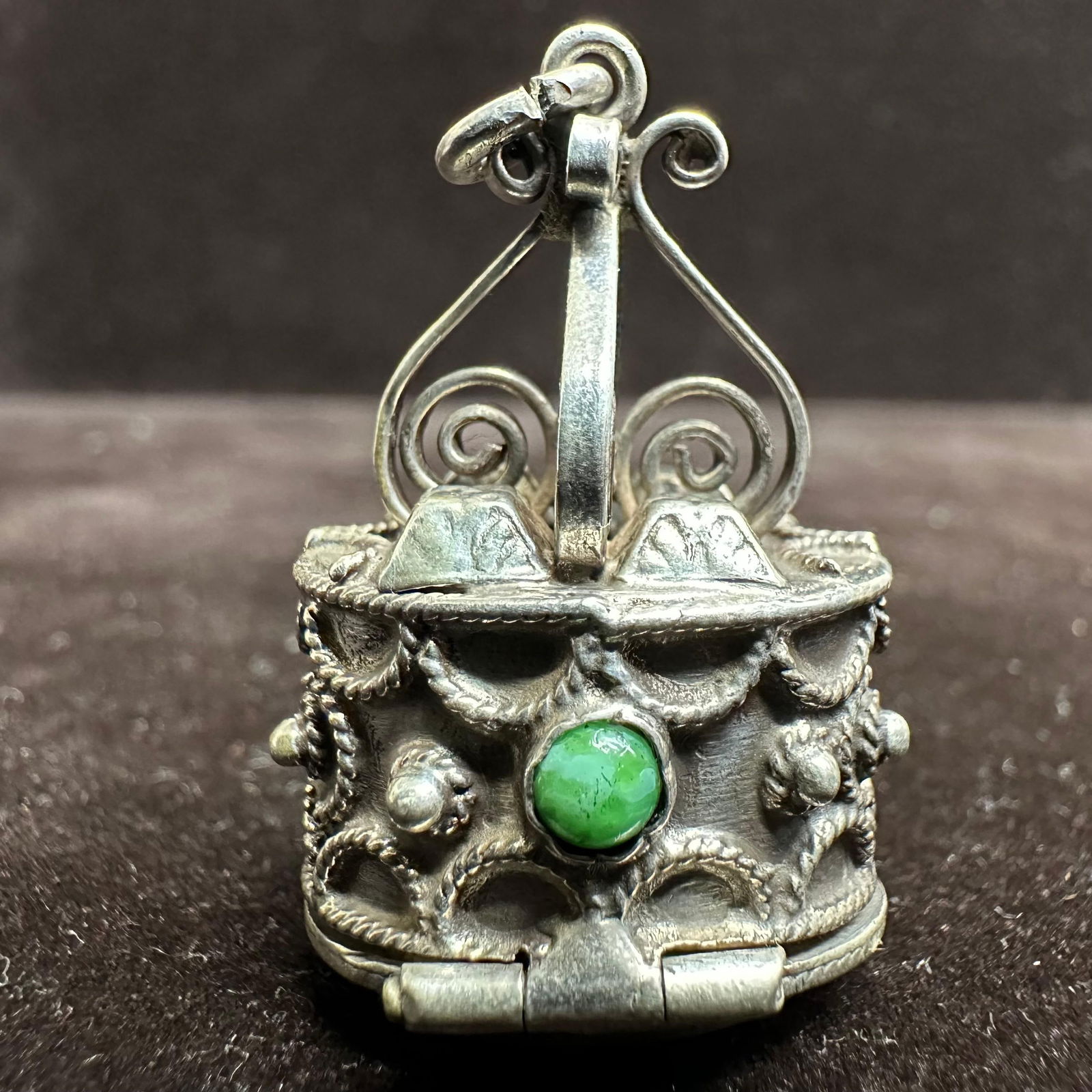 Malachite Poison Locket Fob Charm 800 Silver R96 Etruscan Style (1 of 9)