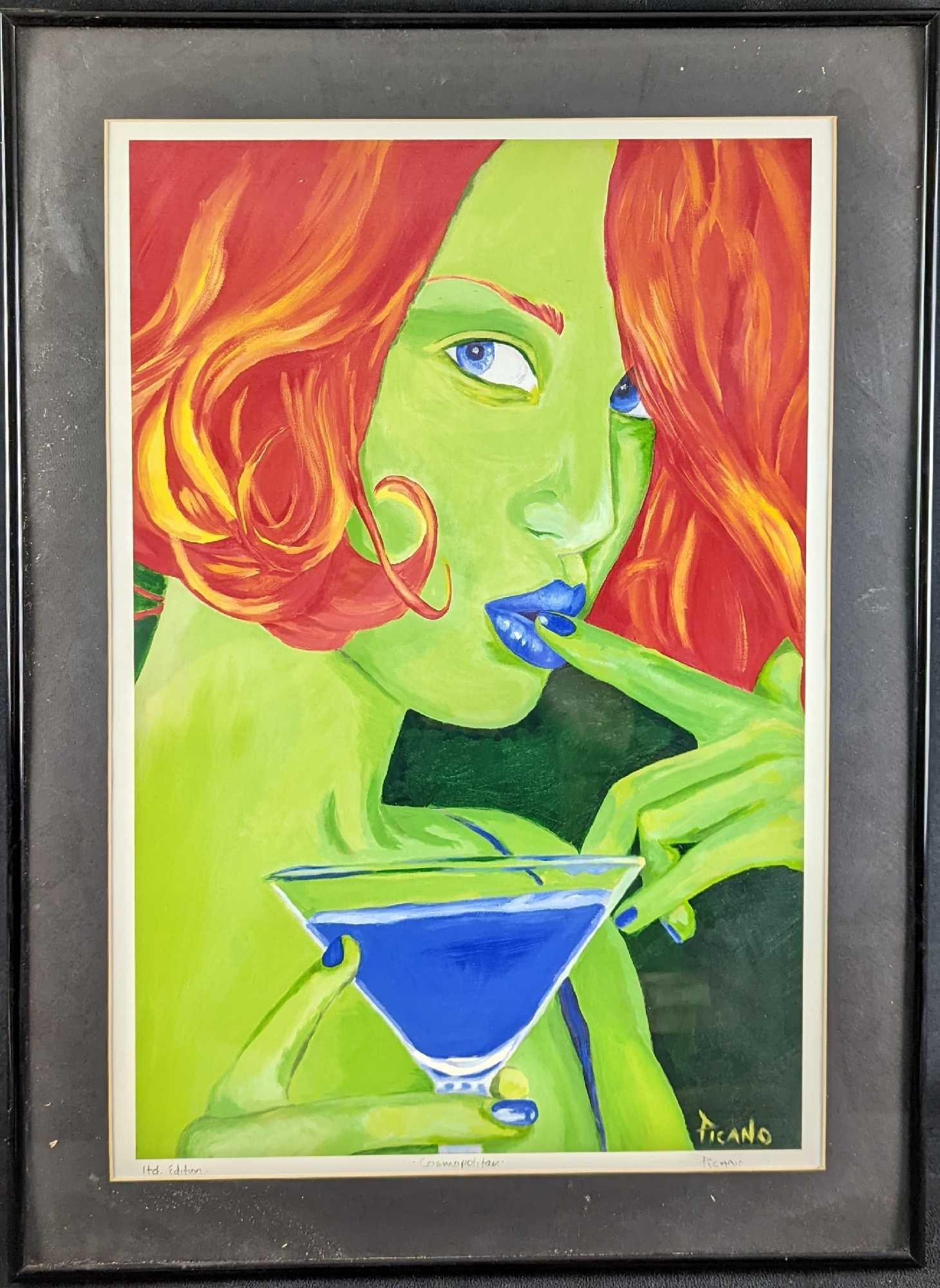 JB Framed Cosmopolitan Print By Holly Picano: Framed H.D. Edition & Signed Cosmopolitan Print By Holly Picano. The framed print is approx 19" x 1" x 26" and it weighs 4.5lbs. The print/image is approx 15" x 22". The origin