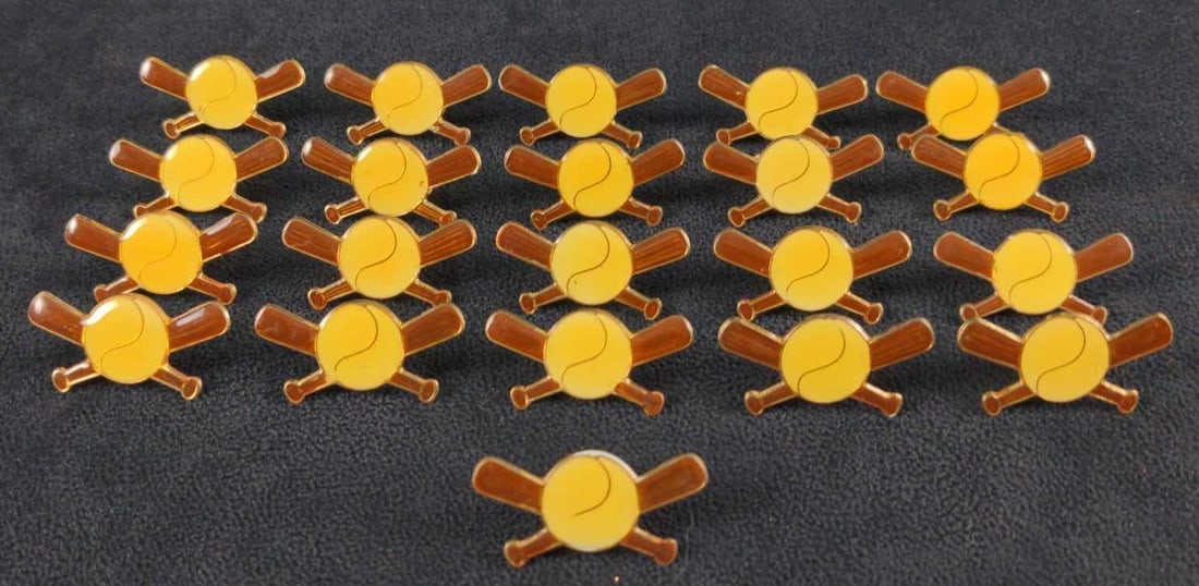 21 Baseball And Baseball Bat Pins Novel Merk Tie Tacks: Twenty One Baseball And Baseball Bat Pins. These are approx 1" x 1/2" and are in good, vintage condition with light wear. By Novel Merk.