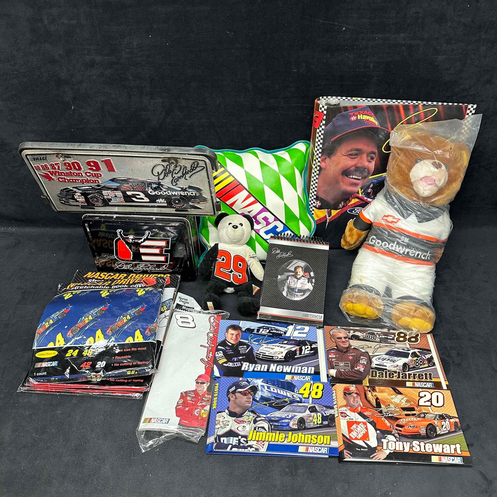 Various Collection of NASCAR Souvenirs Plush Pillow License Lunch Box Photo Book Set of 17: Various collectibles including book covers, photo books, a lunch box, license plate, plush, a pillow, and other NASCAR souvenirs. Some stains noticed on the plush. These collectibles are in pre-owned