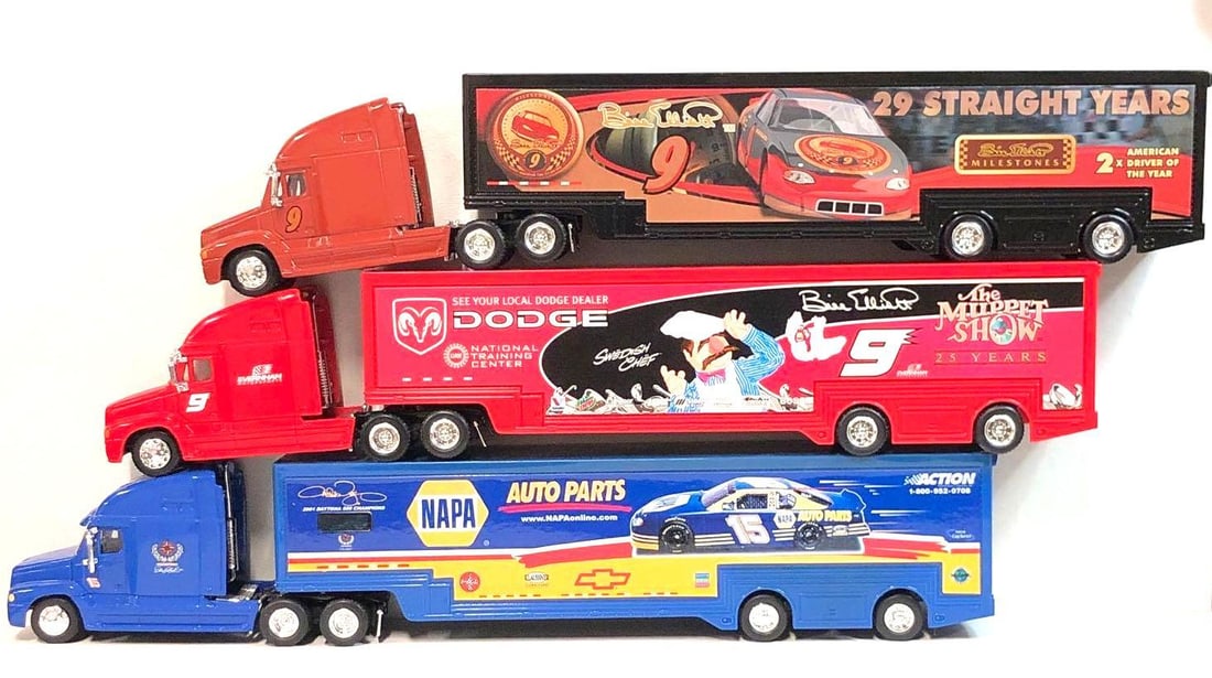3 Action Collectables 1:64 Replica Nascar Transporter Hauler #9 Bill Elliott #15 Michael Waltrip: Three Action Collectables 1:64 Replica Nascar Transporter Hauler - Milestones #9 Bill Elliott, The Muppet Show #9 Bill Elliott, and NAPA Auto Parts #15 Michael Waltrip. Each Transporter measures