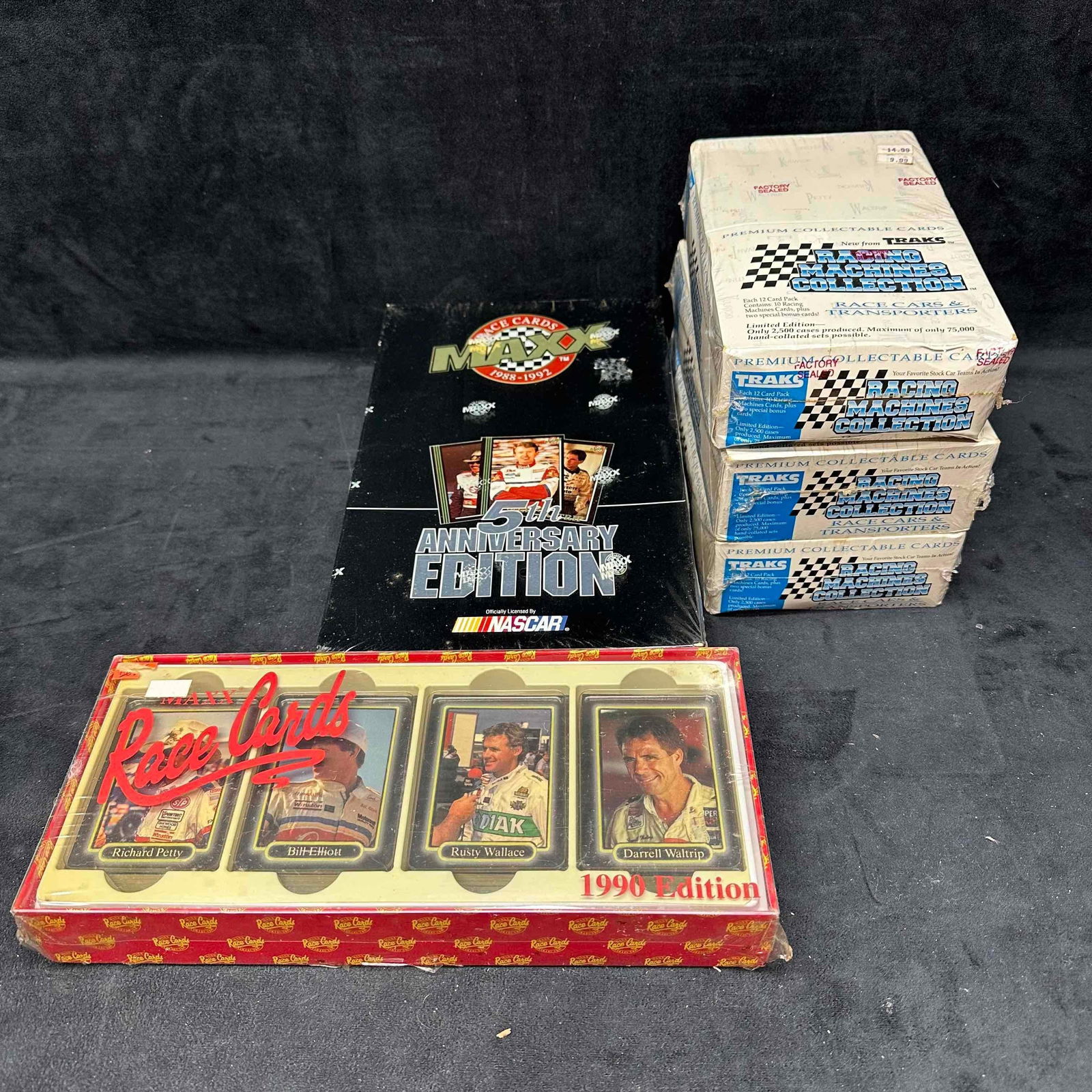 Traks Maxx Race Cards Sealed Box Trading Card Set NASCAR Five 5 Boxes New: Traks Maxx Race Cards Sealed Box Trading Card Set NASCAR Five 5 Boxes New. This set includes three (3) Traks Racing Machine Collection boxes, one (1) Race Cards box, and one (1) Maxx 5th Anniversary e