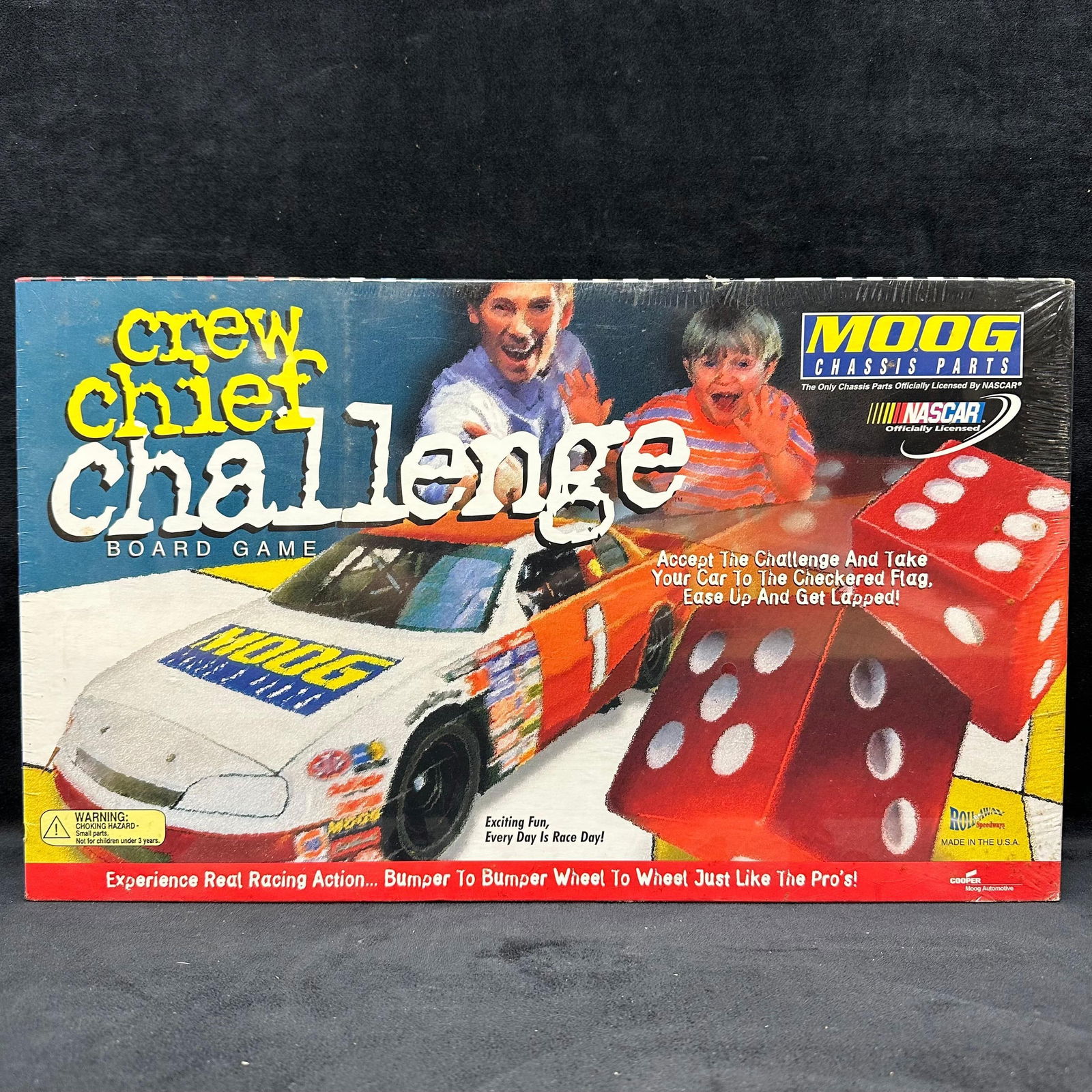 MOOG NASCAR Crew Chief Challenge Board Game Sealed New: Vintage MOOG Chassis Parts Crew Chief Challenge Board Game, officially licensed by NASCAR. The game includes a gameboard, six race cars, dice, flags, and the official’s choice cards. Remains factory