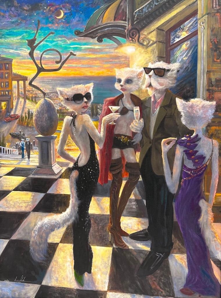 S&N Ivan Clarke "Catside Cocktails" Framed Giclée: S&N Ivan Clarke "Catside Cocktails" Framed Giclée Signed and numbered giclee on canvas print of Catside Cocktails by Ivan Clarke. Comes in framed with the COA. This piece comes from Clar