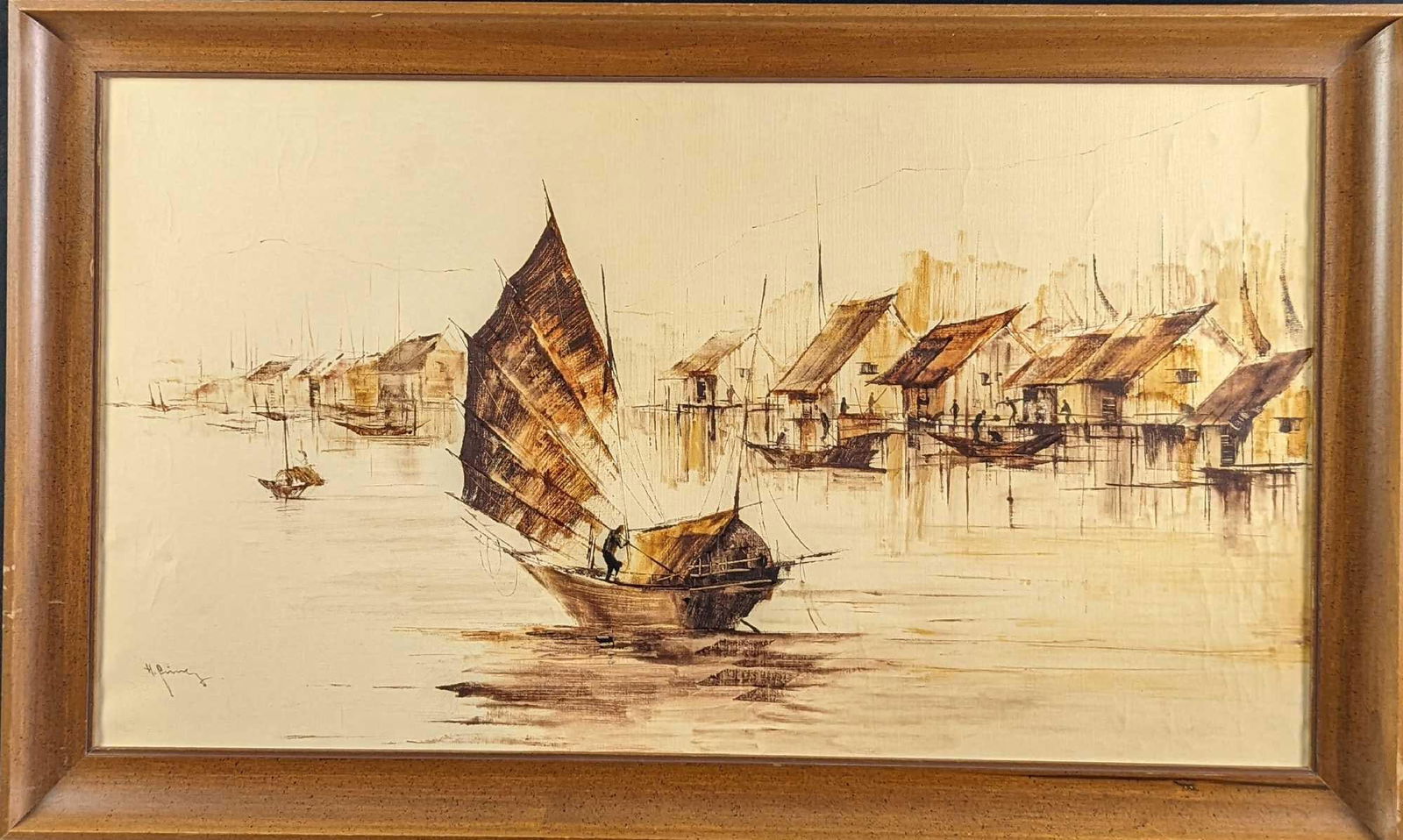 Original Oil Painting of Asian Junk Ship & Village: Original Framed Oil Painting of Asian Junk Ship & Village On Canvas Panel. The artist signed the bottom left of the canvas. The framed original is approx 31" x 1" x 19" and it weighs 2.5lbs. The origi
