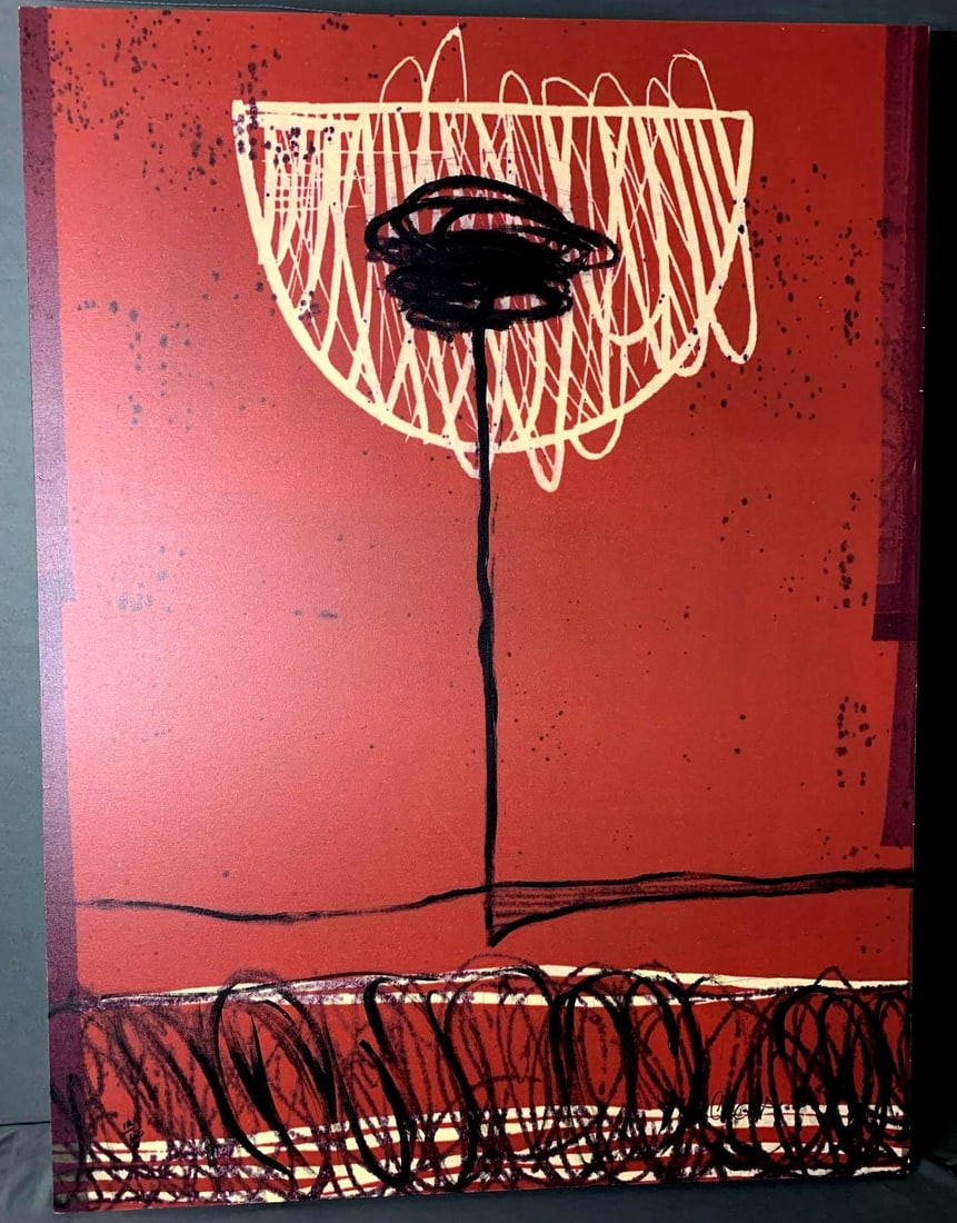 Large Canvas Abstract Print Burgundy Glass Lines: Large Canvas Abstract Print Unframed Canvas print with raised paint throughout print. Condition: Excellent. No tears, damage or stains on print. Measurements: 3'4"L by 2'6" W Diagonal