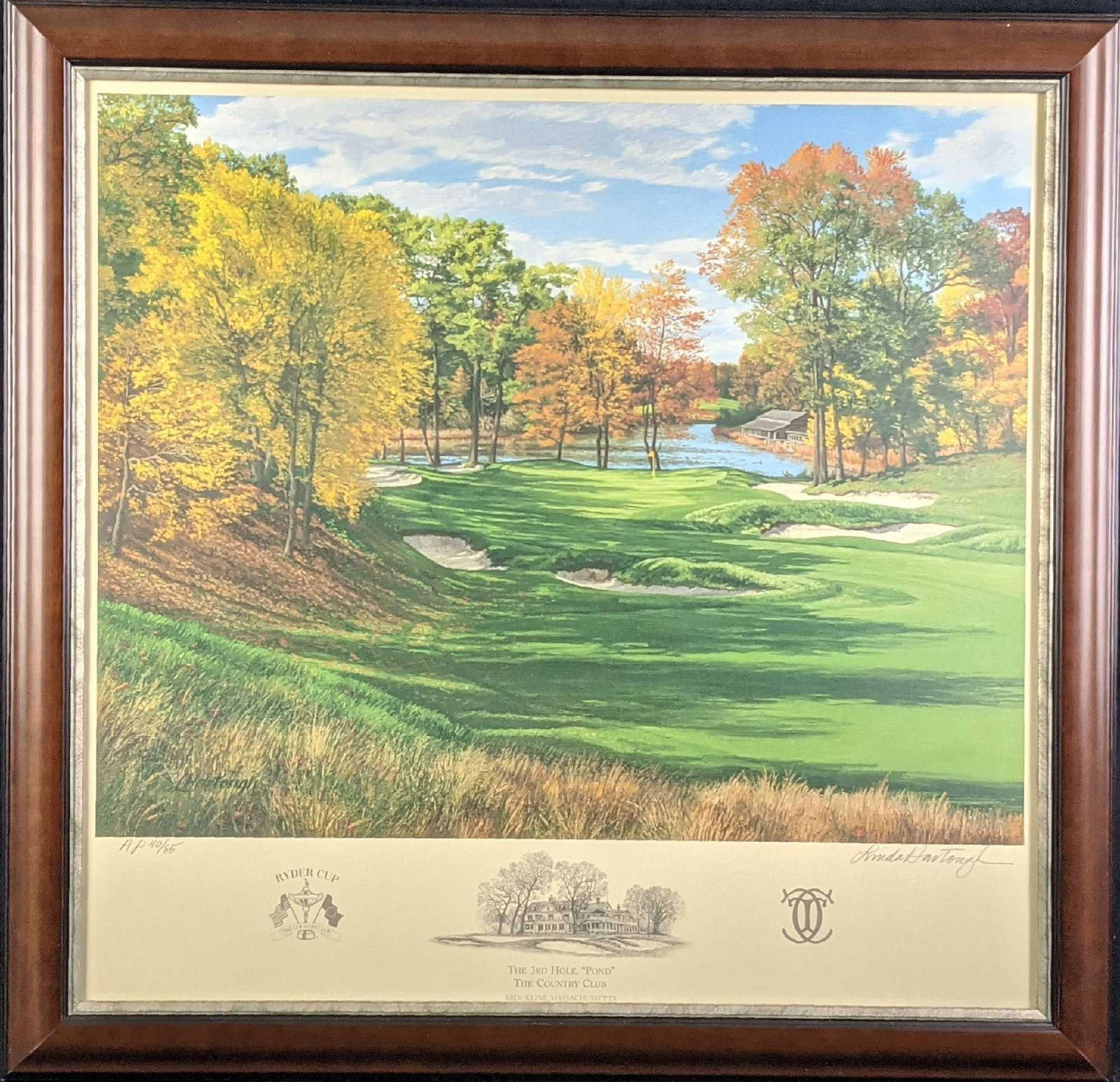 Framed Linda Hartough AP Litho Brookline Country Golf Club: "The 3rd Hole, Pond, The Country Club, Brookline, Massachusetts" Lithograph Artist Proof By Linda Hartough. The print is Artist Proof #40 out of #85. The framed print is approx 27" x