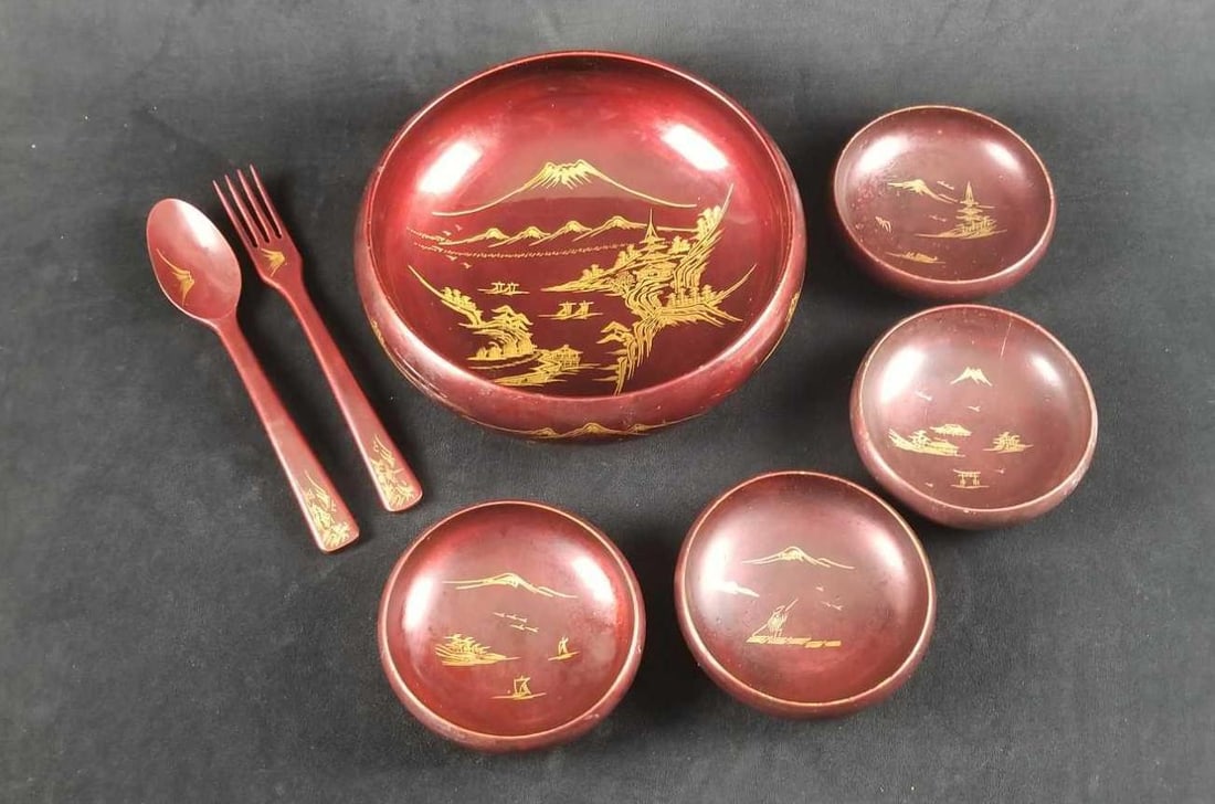 Maroon Laquerware Asian Salad Bowl Set (1 of 9)