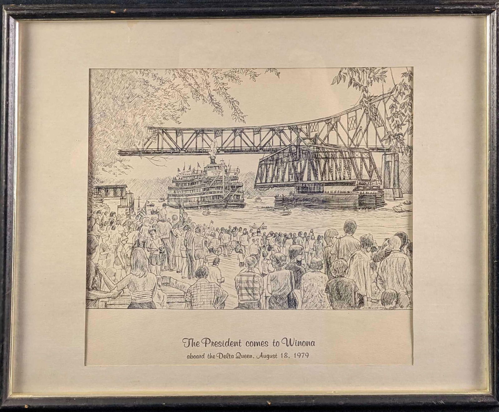 Framed The President Comes To Winona Print: Framed The President Comes To Winona Print By Jim Heinlkn. The print shows a crowed watching Jimmy Carter ride into town via the Delta Queen on August 18,1979. The framed print is approx 21" x 1"