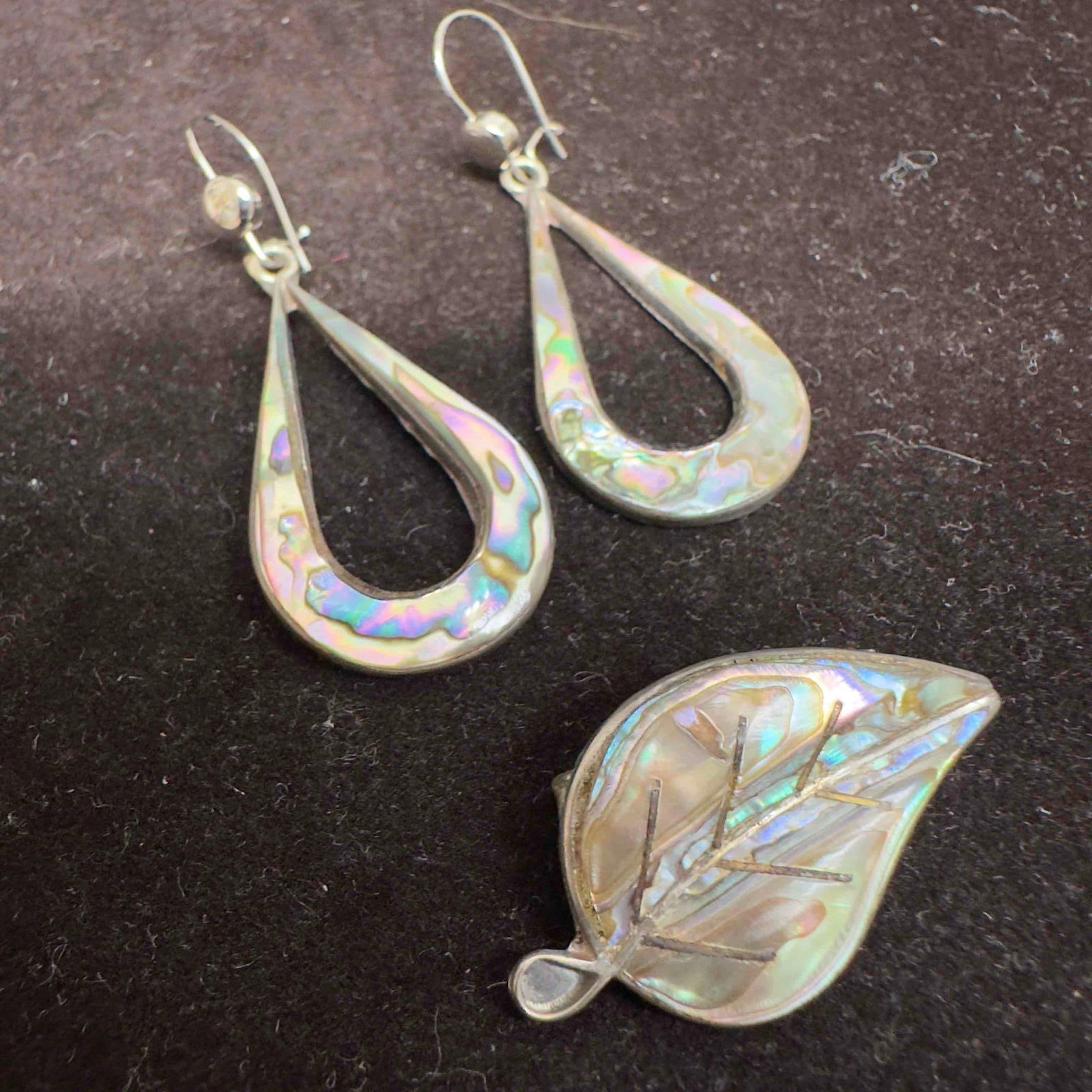 Abalone Tear Drop Shaped Earrings and Leaf Brooch Sterling Silver Set (1 of 10)