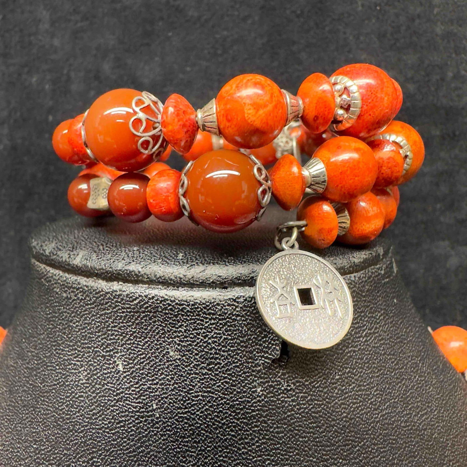 Sterling Silver Carnelian and Red Coral Necklace and Coil Wrap Bracelet Set BJ 925 (1 of 10)