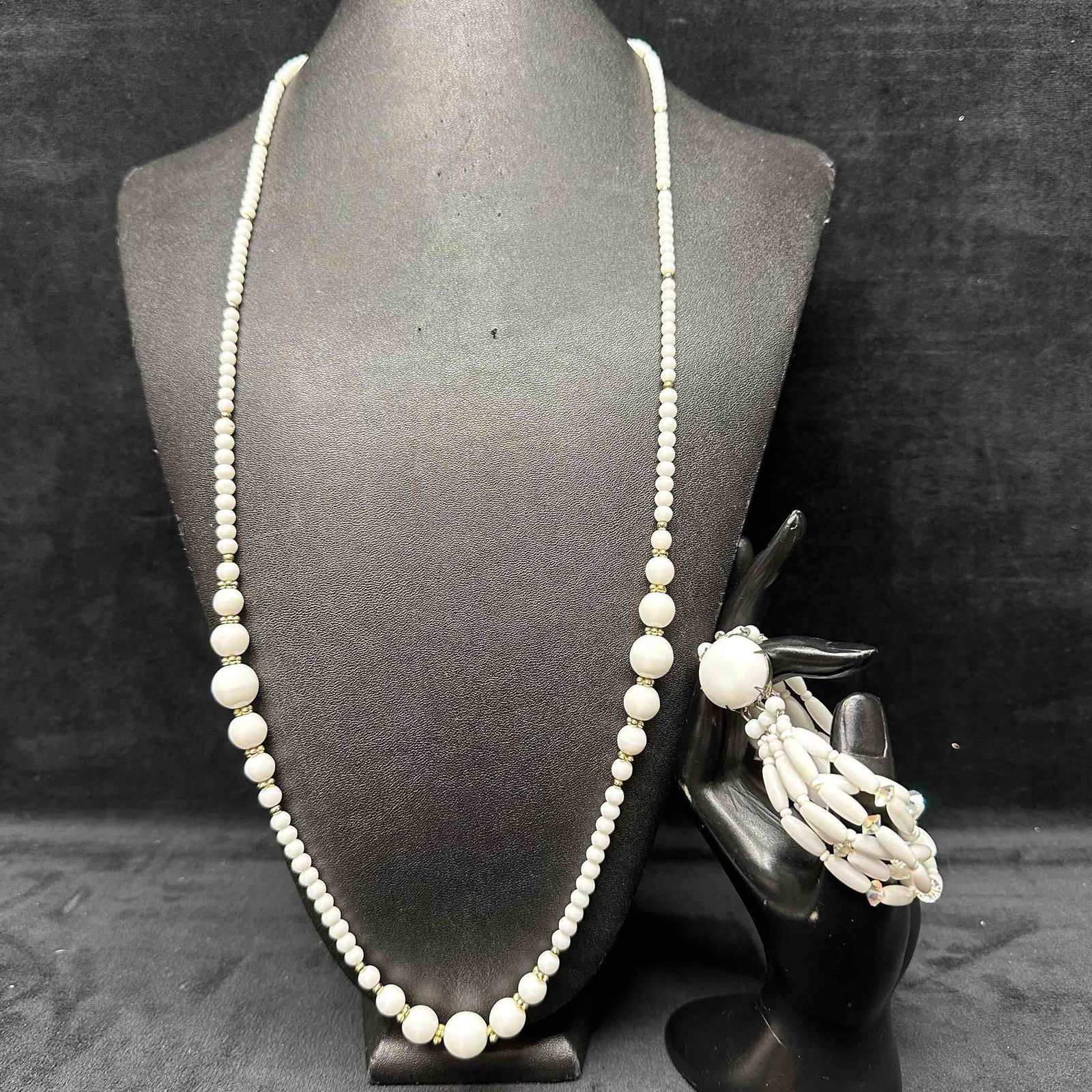 Vintage White Milk Glass Style Beaded Necklace and Bracelet Set Germany: White milk glass style beaded necklace and bracelet set with other gold and clear toned glass bead settings. No distinctive markings except the bracelet clasp is marked West Germany. These items are