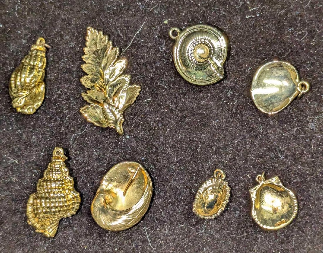 8 Vintage Gold Plated Leaf And Shells Pendants F16: 8 Vintage Gold Plated Leaf And Shells Pendants F16.Please see the images for a listing of the pendants. They start at the smallest at 3/8" x 1/4" x 5/8" to the largest at 3/4" x 1/8" x 1/2". All