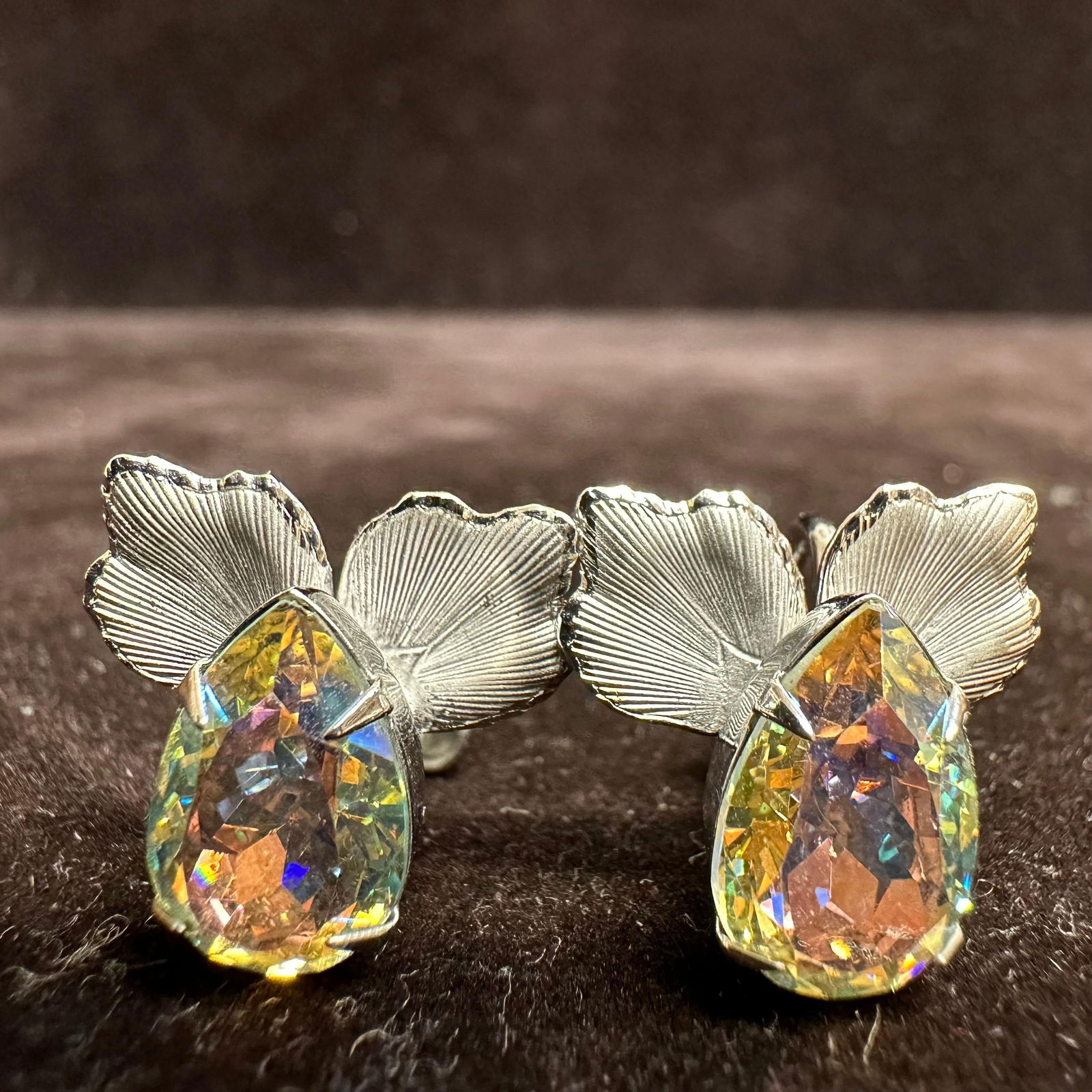 Aurora Borealis Rhinestone Style Sterling Silver Clip On Earrings: This item is in good pre-owned, previously used/displayed condition with noticeable light wear and surface scratches. Please reference all photos for full details. This piece of jewelry has been teste