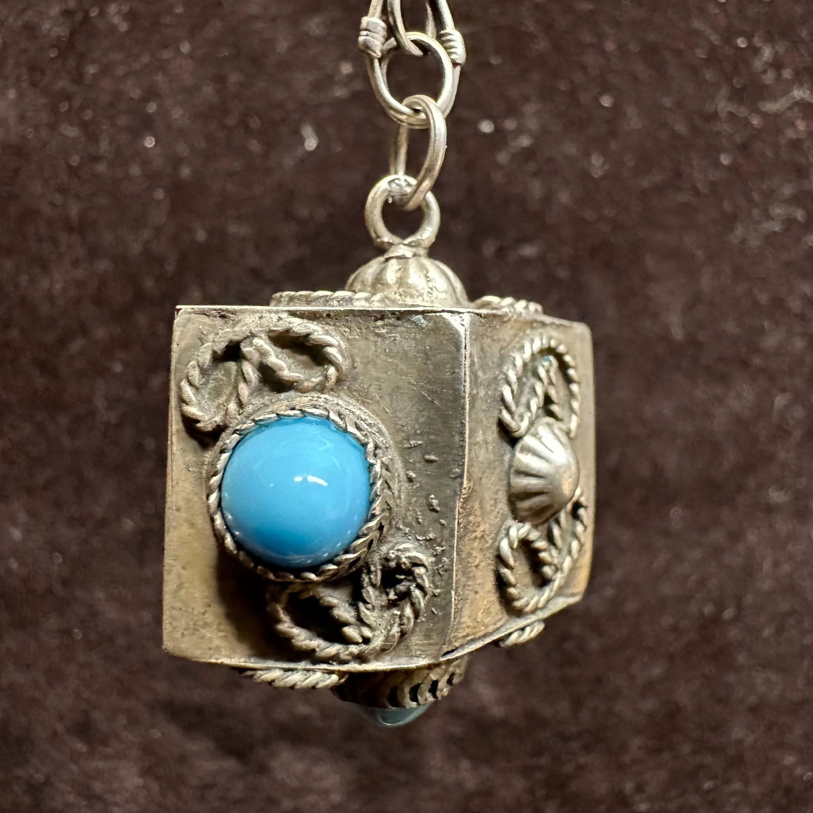Turquoise Silver Keychain Etruscan Revival Style Fob Charm: This item is in good pre-owned, previously used/displayed condition with noticeable light wear and surface scratches. Please reference all photos for full details. This piece of jewelry has been teste