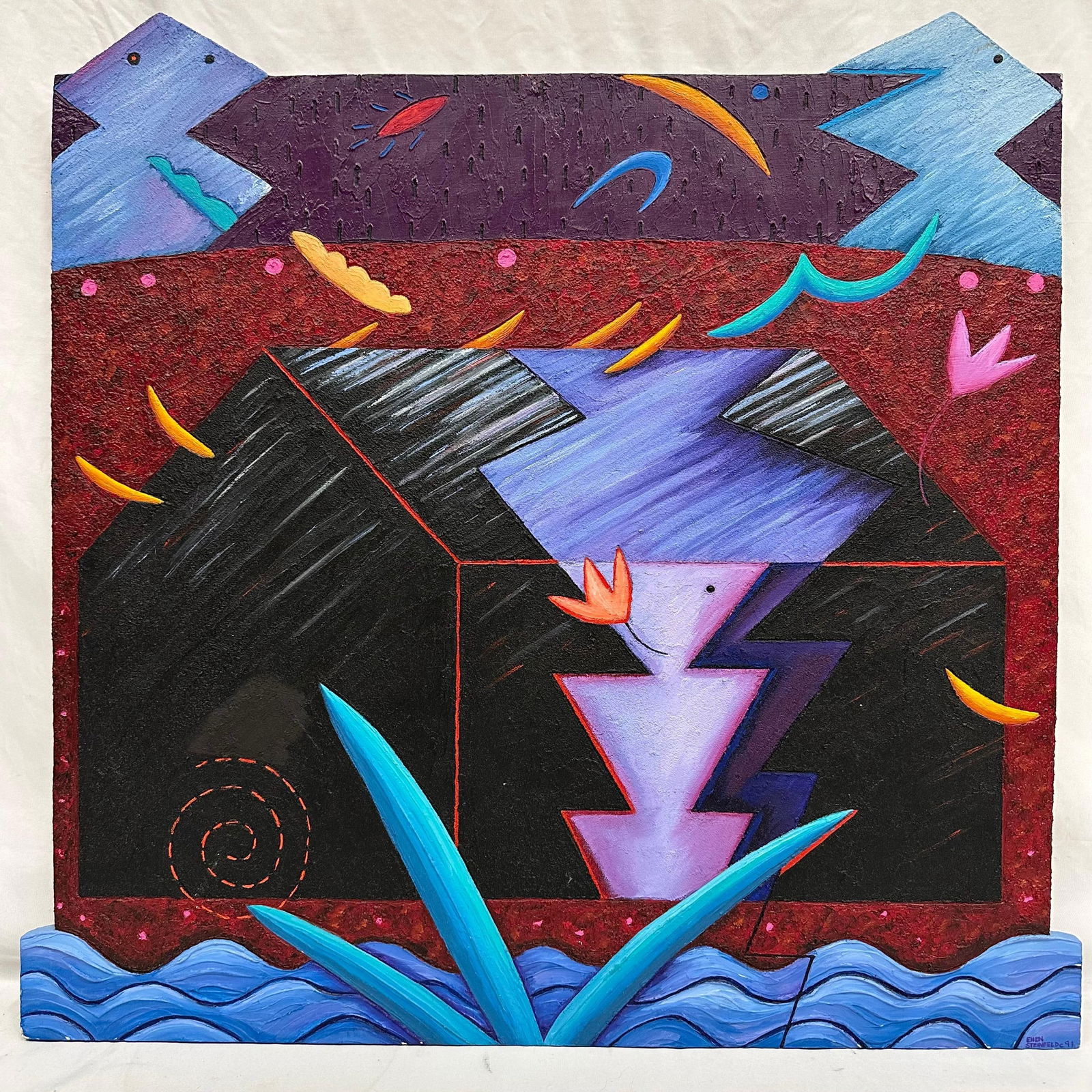 Ellen Steinfeld Moon Shadow Mixed Media Painting 1991 Acrylic Paint on Wood Abstract (1 of 8)