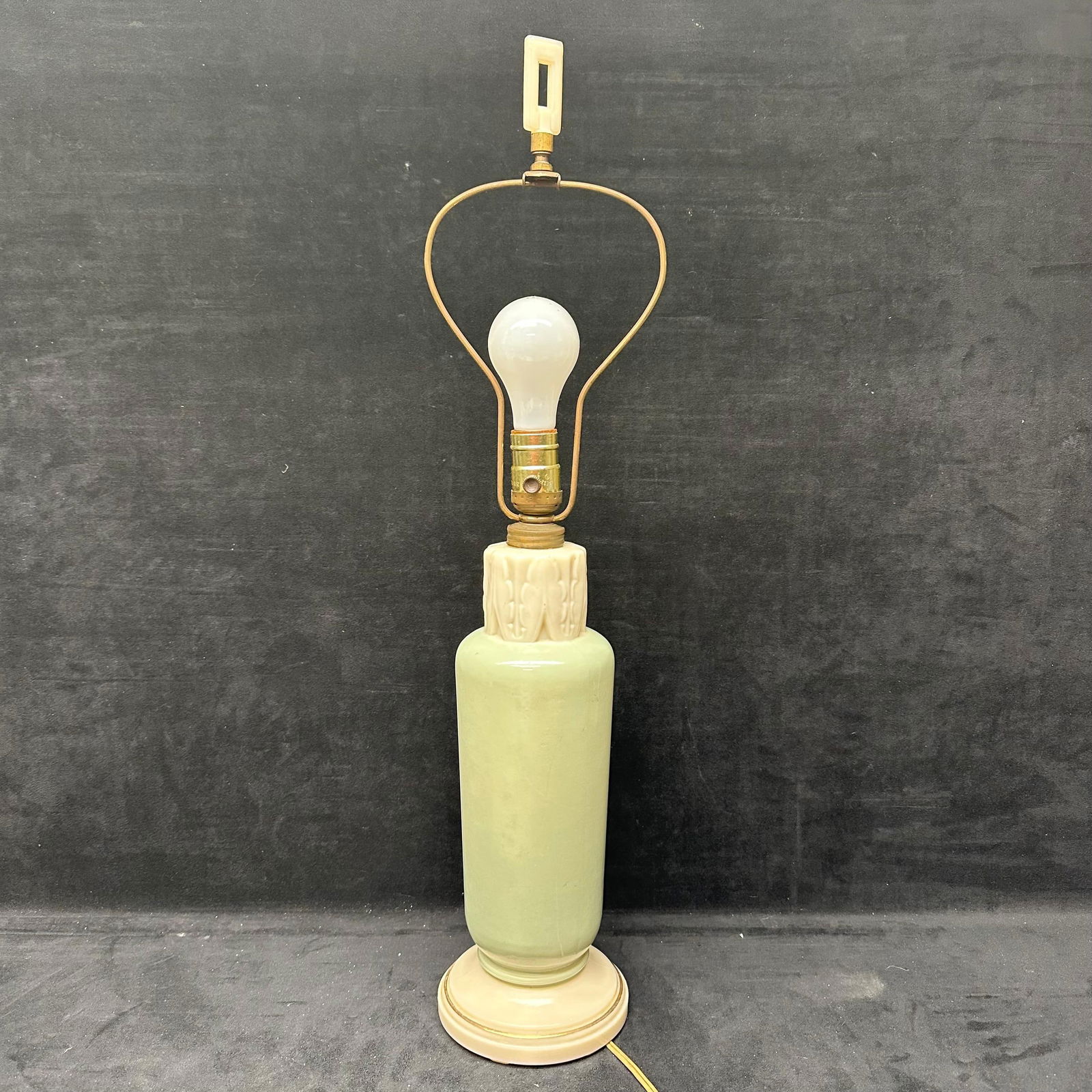 Pale Green Ivory Toned Milk Glass Porcelain Table Lamp with Carved Accent Finial (1 of 14)