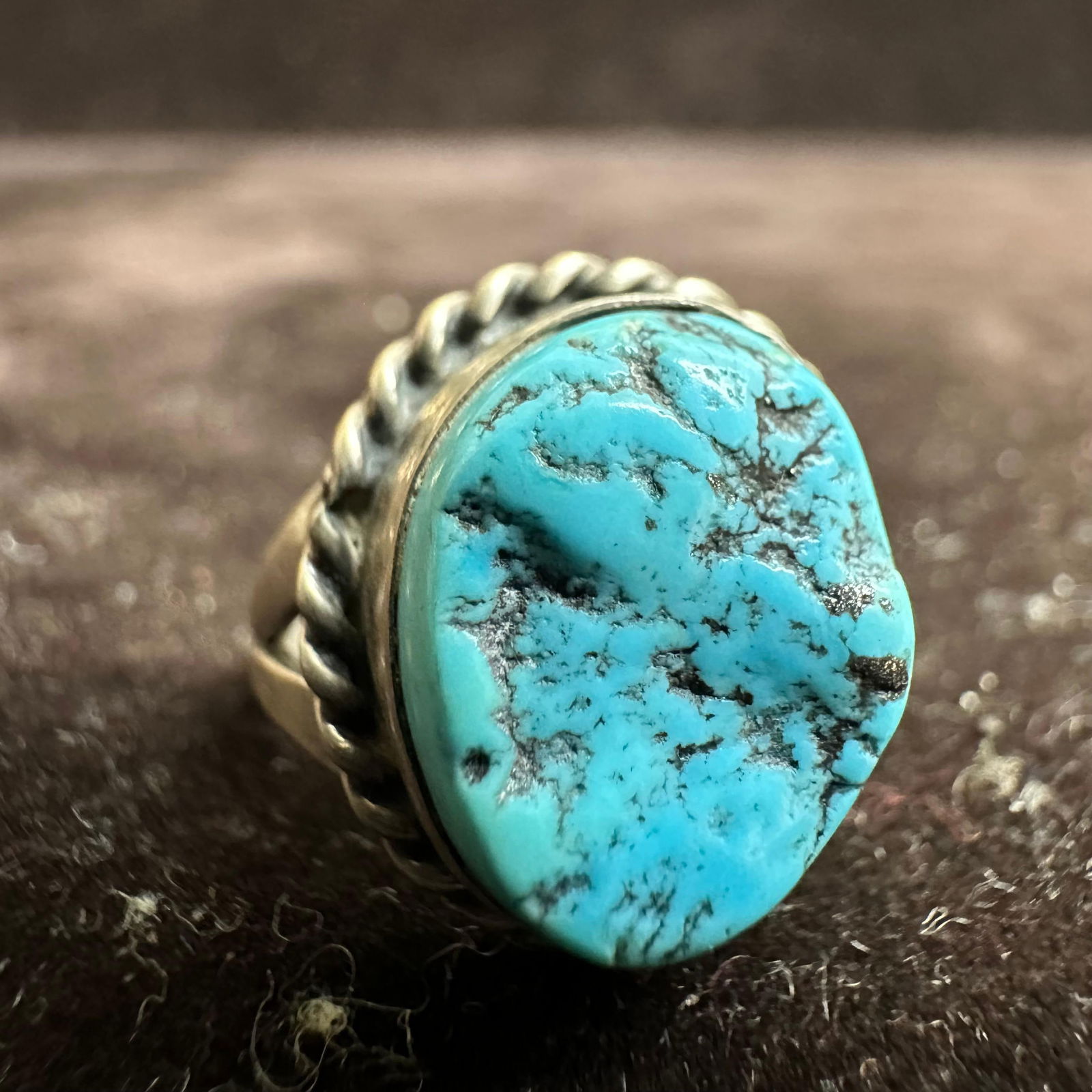 Turquoise Nugget Statement Silver Ring with Rope Design Bezel (1 of 12)