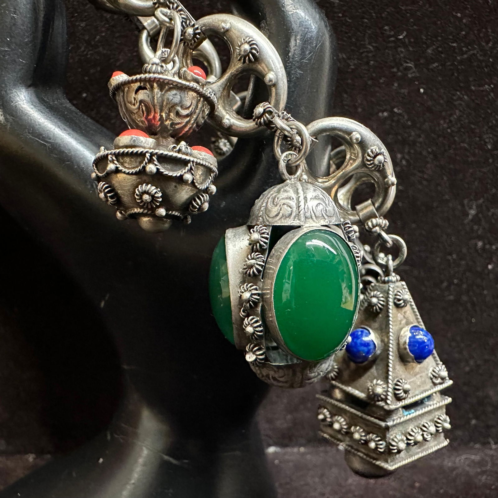 Gemstone Dangle Fob Charm Etruscan Revival Style Silver Bracelet O72: This item is in good pre-owned, previously used/displayed condition with noticeable light wear and surface scratches. Please reference all photos for full details. This piece of jewelry has been teste