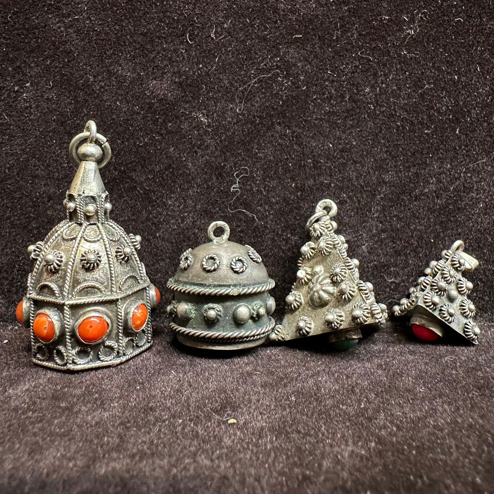 Etruscan Revival 800 Silver Fob Charms Set Multiple Stones: This item is in good pre-owned, previously used/displayed condition with noticeable light wear and surface scratches. Please reference all photos for full details. This piece of jewelry has been