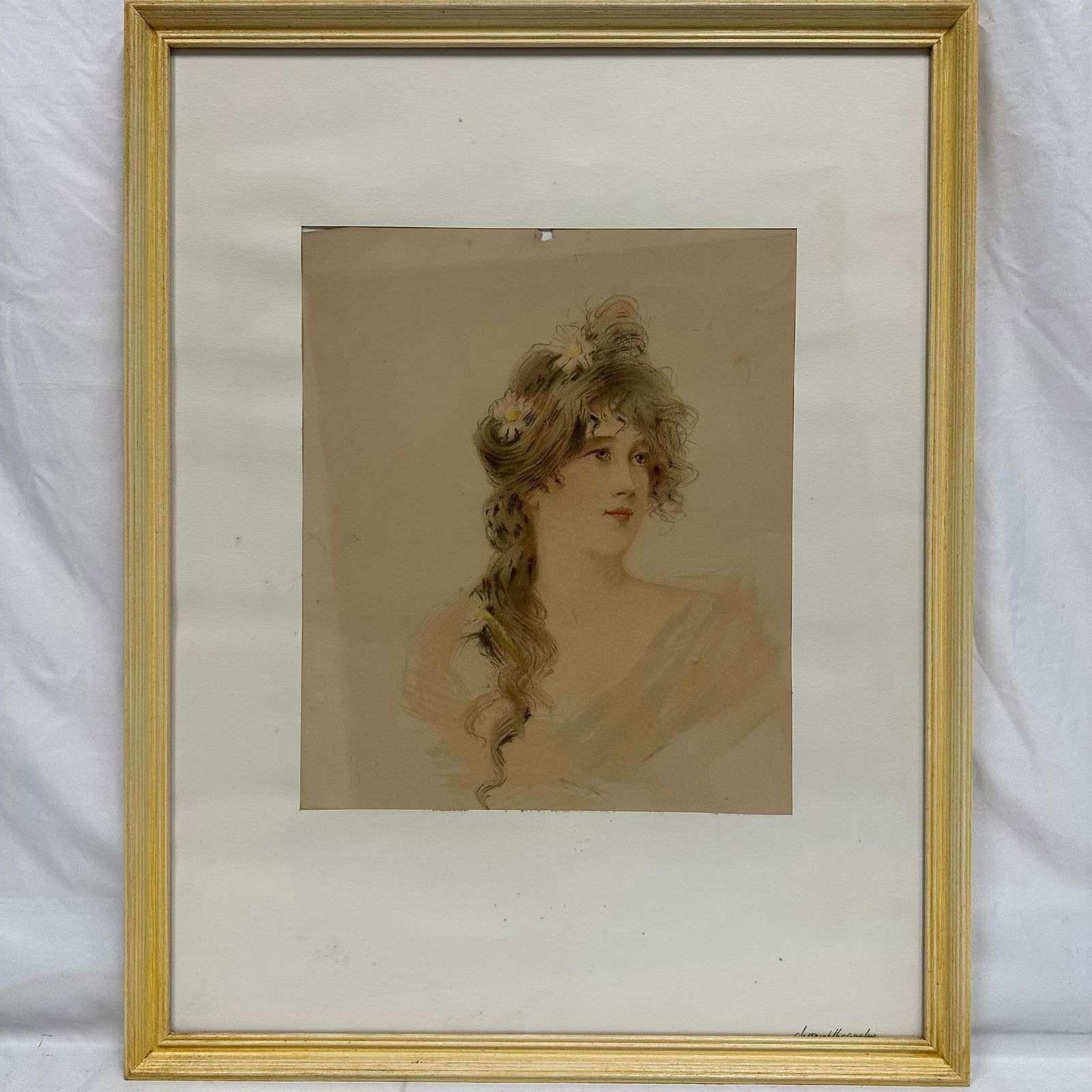 Antique Chromolithograph Portrait of a Young Woman Yellow Frame: Vintage chromolithograph portrait of a young woman with long, wavy hair adorned with flowers. Soft pastel tones and delicate detailing are typical of early 20th-century decorative prints. Presented in