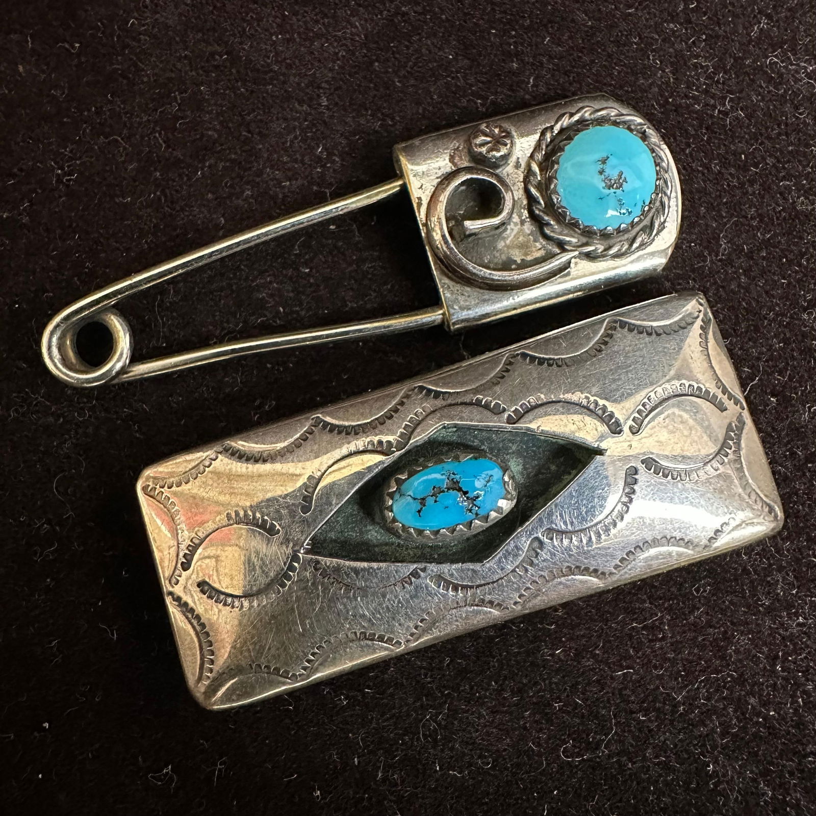 Silver Plated Turquoise Money Clip and Safety Pin Brooch Navajo Native Style: Includes one rectangular money clip with stamped geometric designs and an inset oval turquoise cabochon, and one oversized safety-pin style brooch with a round turquoise cabochon and decorative wire