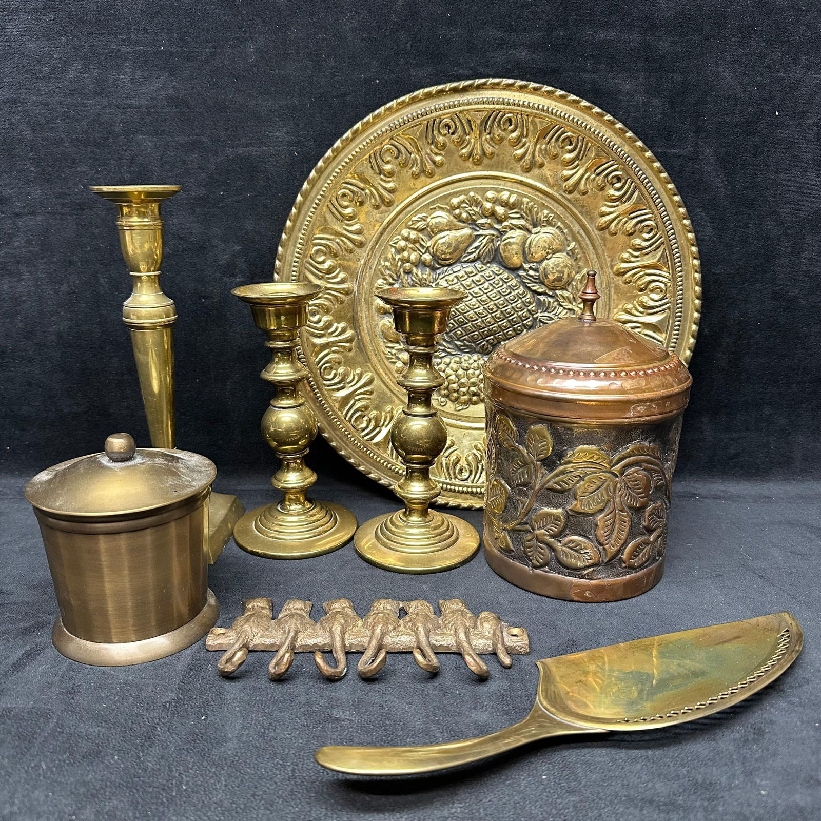 Group of Decorative Brass and Copper Household Items Candlesticks Plate Lidded Containers (1 of 6)