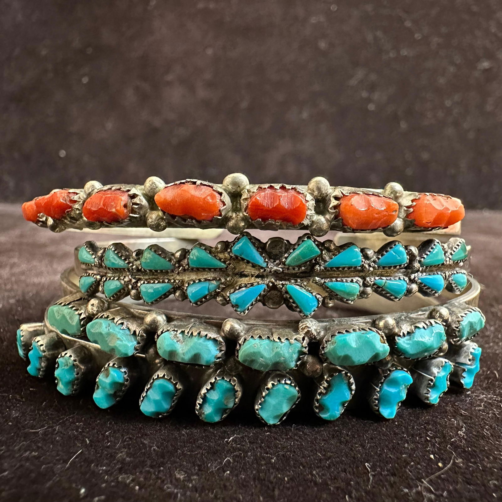 Four Native American Style Silver Turquoise and Coral Cuff Bracelet Set: These items are in good pre-owned, previously used/displayed condition with noticeable light wear and surface scratches. Please reference all photos for full details. These pieces of jewelry have