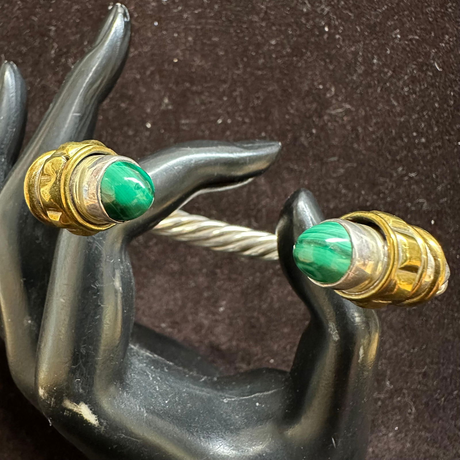 Heavy Cable Malachite Sterling Silver Mexico Open Cuff Bangle Bracelet: This item is in good pre-owned, previously used/displayed condition with noticeable light wear and surface scratches. Please reference all photos for full details. This piece of jewelry has been