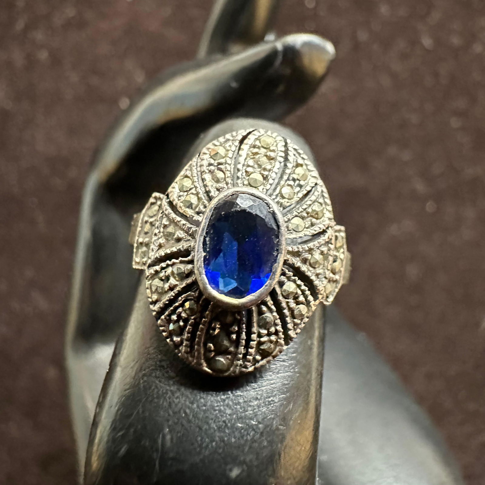 Blue Stone Marcasite Accent Sterling 925 Ring: This item is in good pre-owned, previously used/displayed condition with noticeable light wear and surface scratches. Please reference all photos for full details. This piece of jewelry has been
