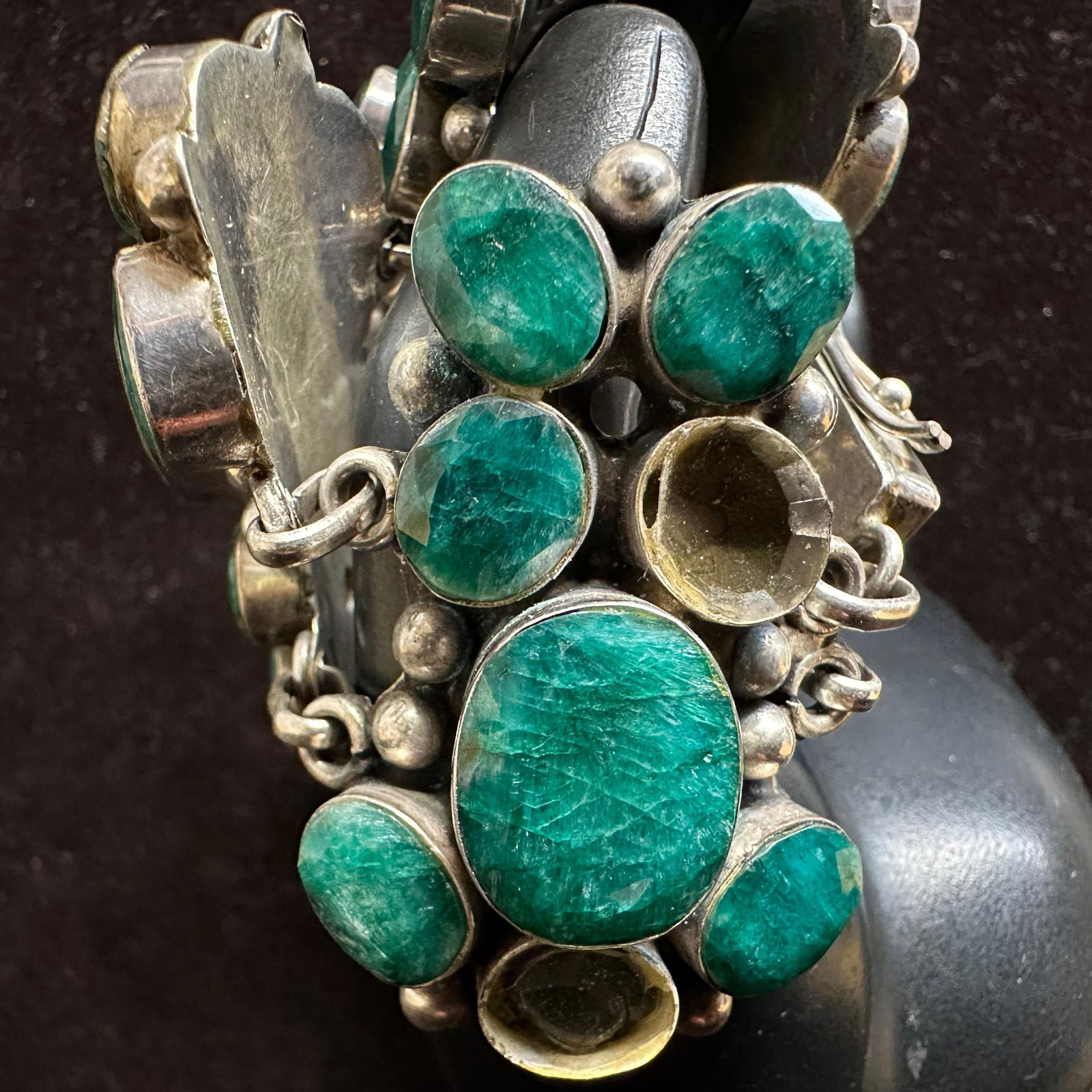 925 Large Statement Green Gemstone Sterling Silver Bracelet: This item is in good pre-owned, previously used/displayed condition with noticeable light wear and surface scratches. Please reference all photos for full details. This piece of jewelry has been