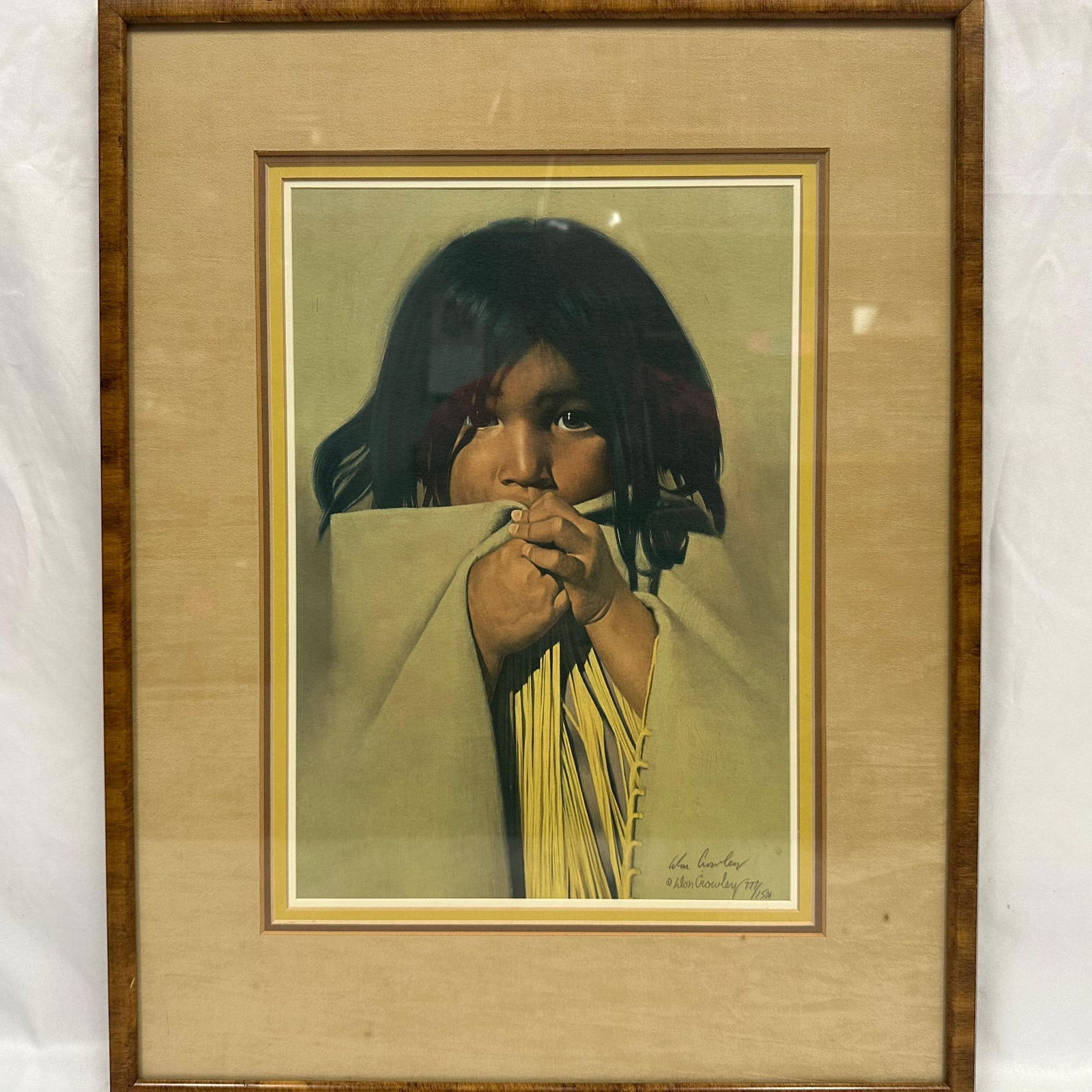 Donald V. Crowley Limited Lithograph Security Blanket Signed and Numbered Framed: Limited edition lithograph art print titled “Security Blanket” by acclaimed Western realist Donald V. Crowley (American, 1926–2022). A tender and emotive portrait of a young Native American