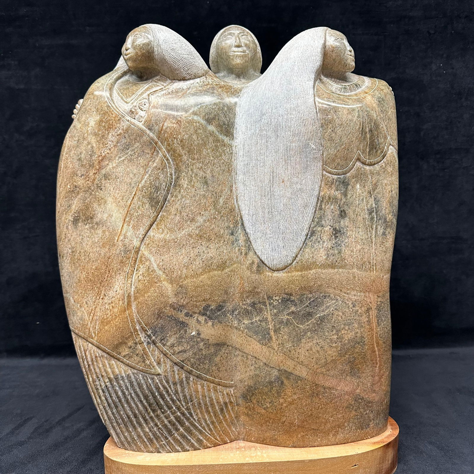 Hand-Carved Stone Sculpture Three Figures Embrace Native Indigenous Tribal Style Art Sculpture (1 of 9)