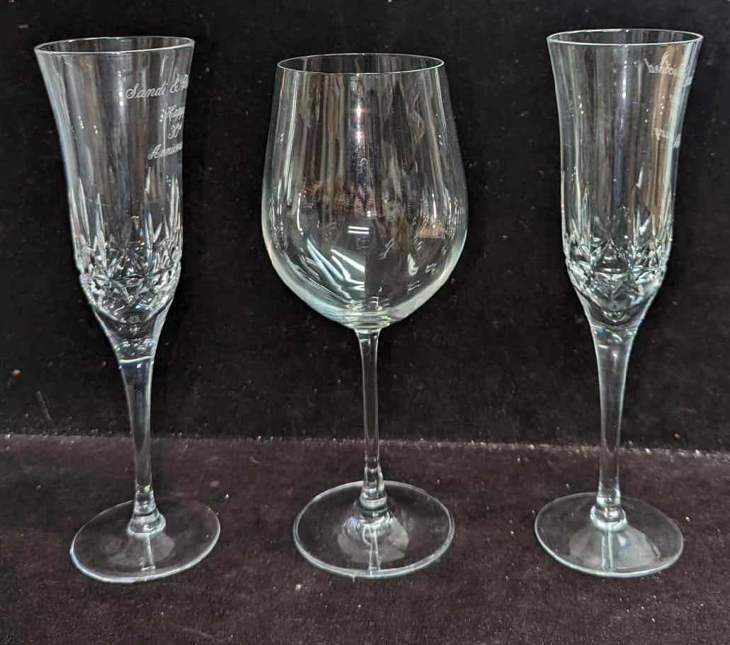 3 Crystal Champagne Flutes & Glass Large Glass Wine Glass (1 of 8)