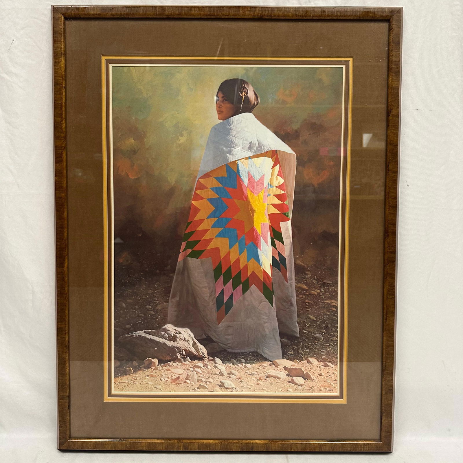 Hudson’s Bay Blanket Donald V. Crowley Limited Edition Lithograph Signed and Numbered: Limited edition lithograph titled Star Quilt by renowned Western artist Donald V. Crowley, American, 1926-2022. A powerful depiction of a Native American woman draped in a vibrant star-patterned quilt