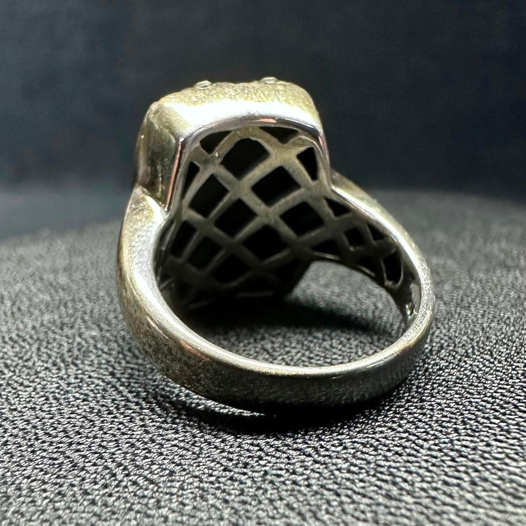 Sterling Marcasite Black Enamel Pattern Ring - 2