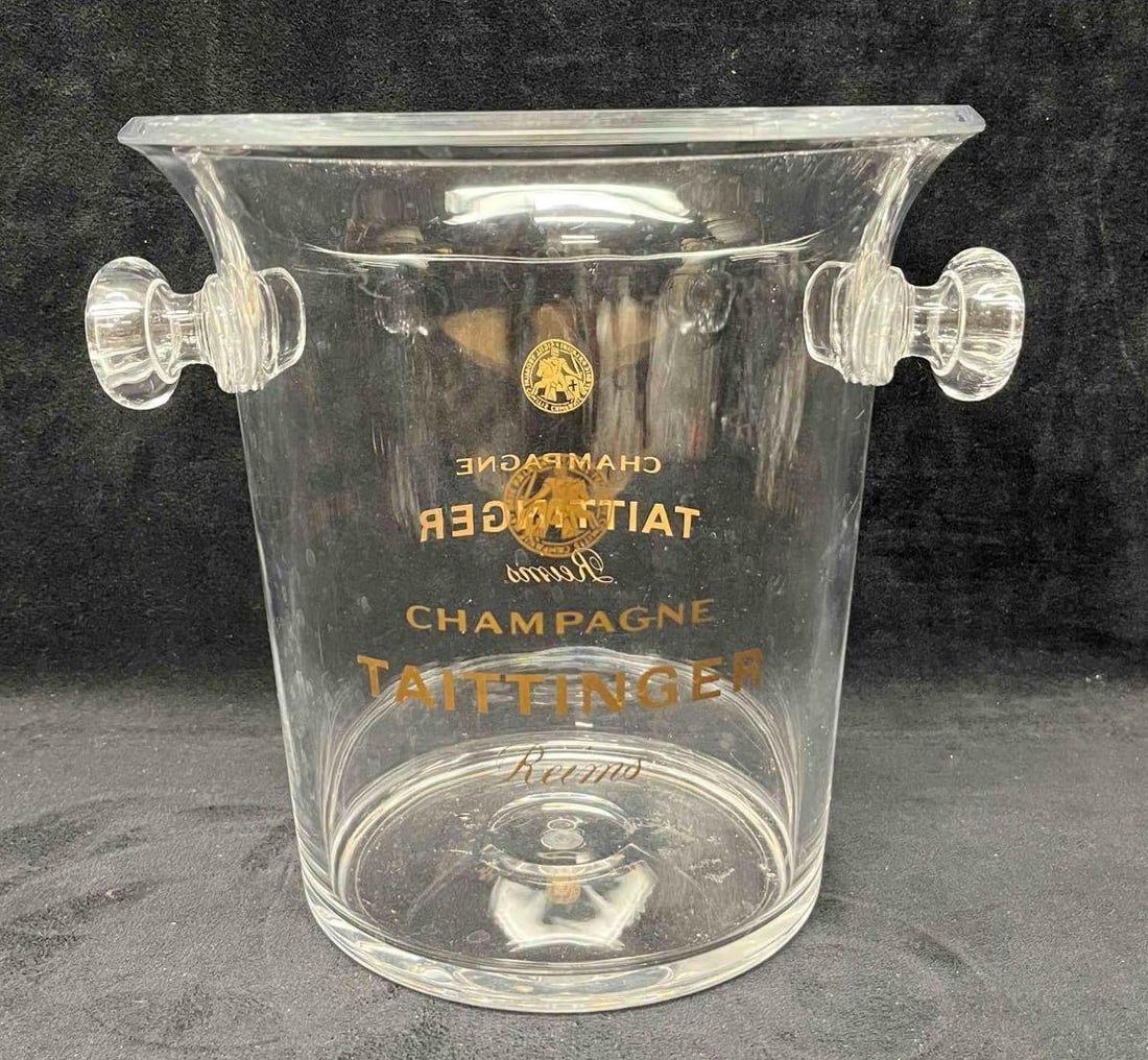 Vintage Clear Acrylic Taittinger Champagne Ice Bucket: This lot contains a Vintage Clear Acrylic Taittinger Champagne Ice Bucket. The approx. weight and dimensions are listed below. Overall the Taittinger Champagne Ice Bucket is in good pre owned conditio